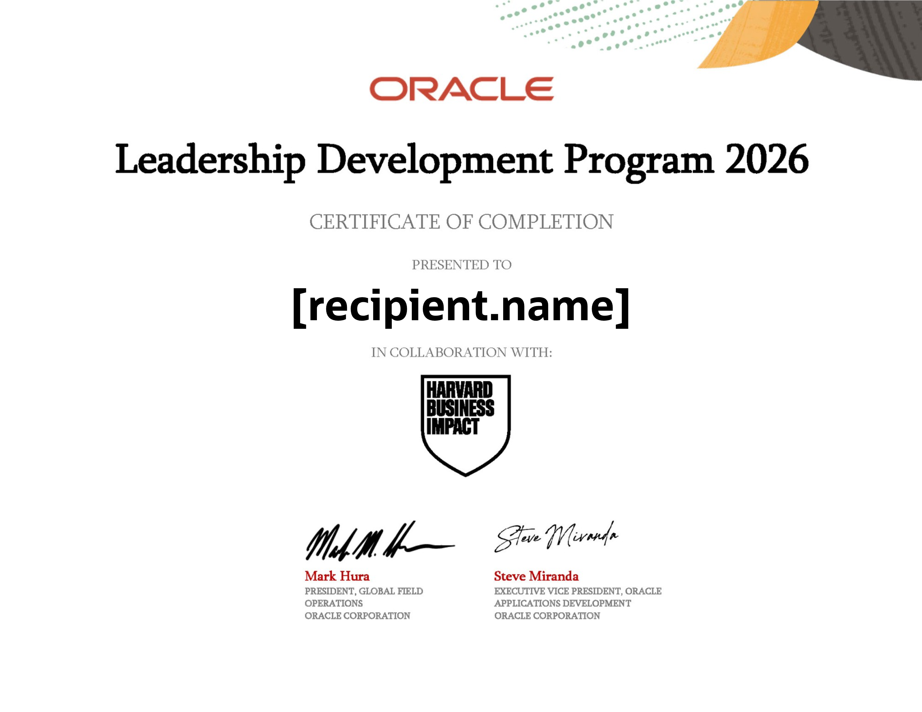Oracle North America Leadership Development Program certificate