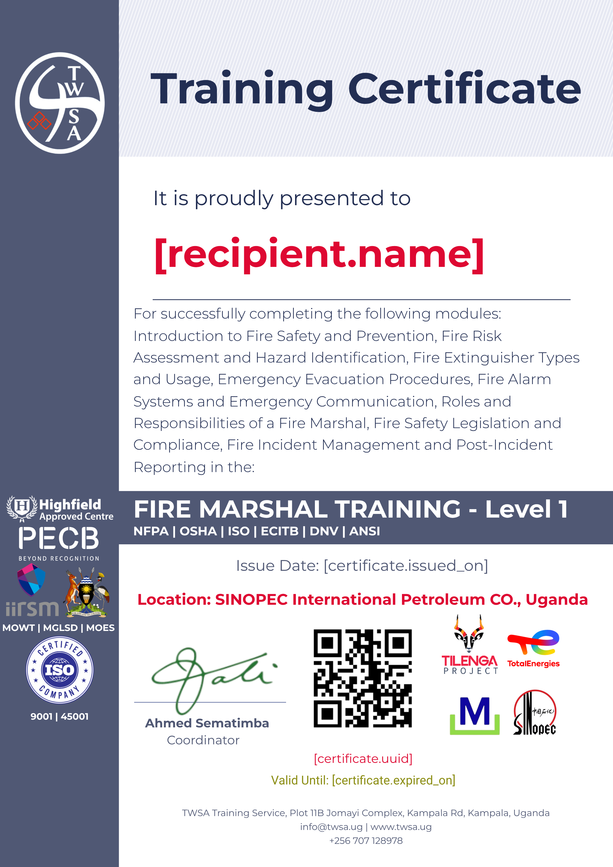 Fire Marshal Training certificate