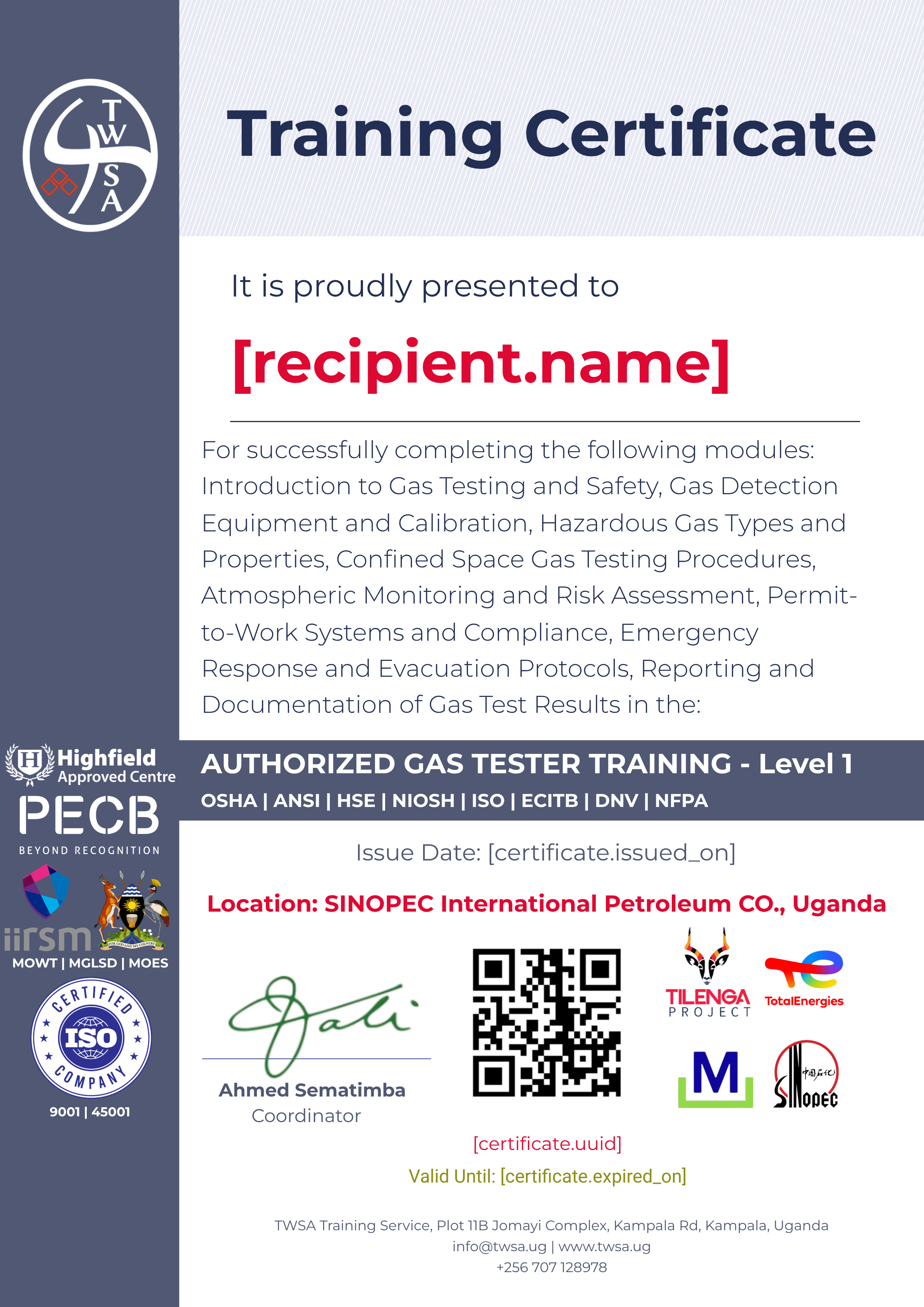 Authorized Gas Tester Training certificate