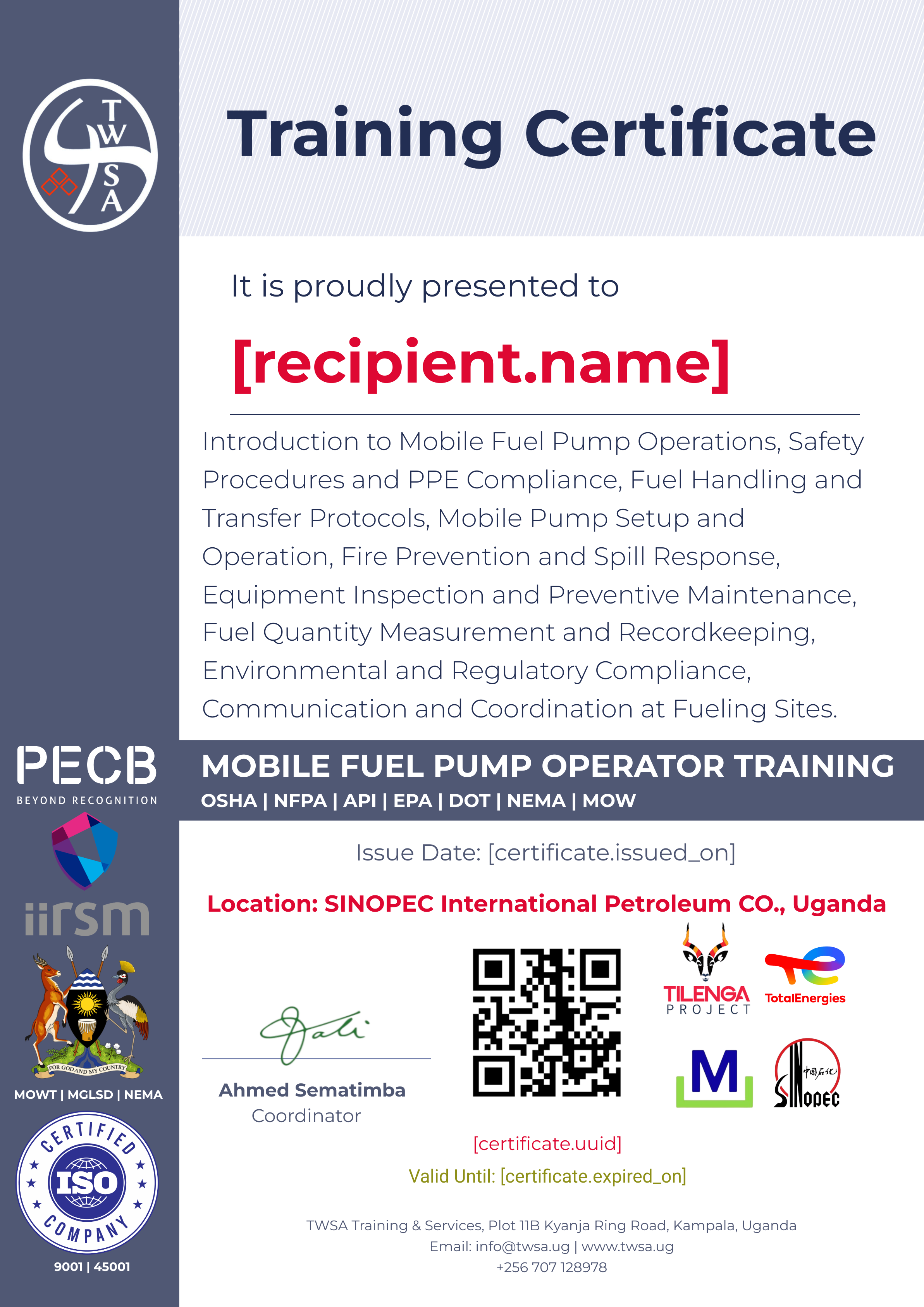 Fuel Pump Operator Training certificate