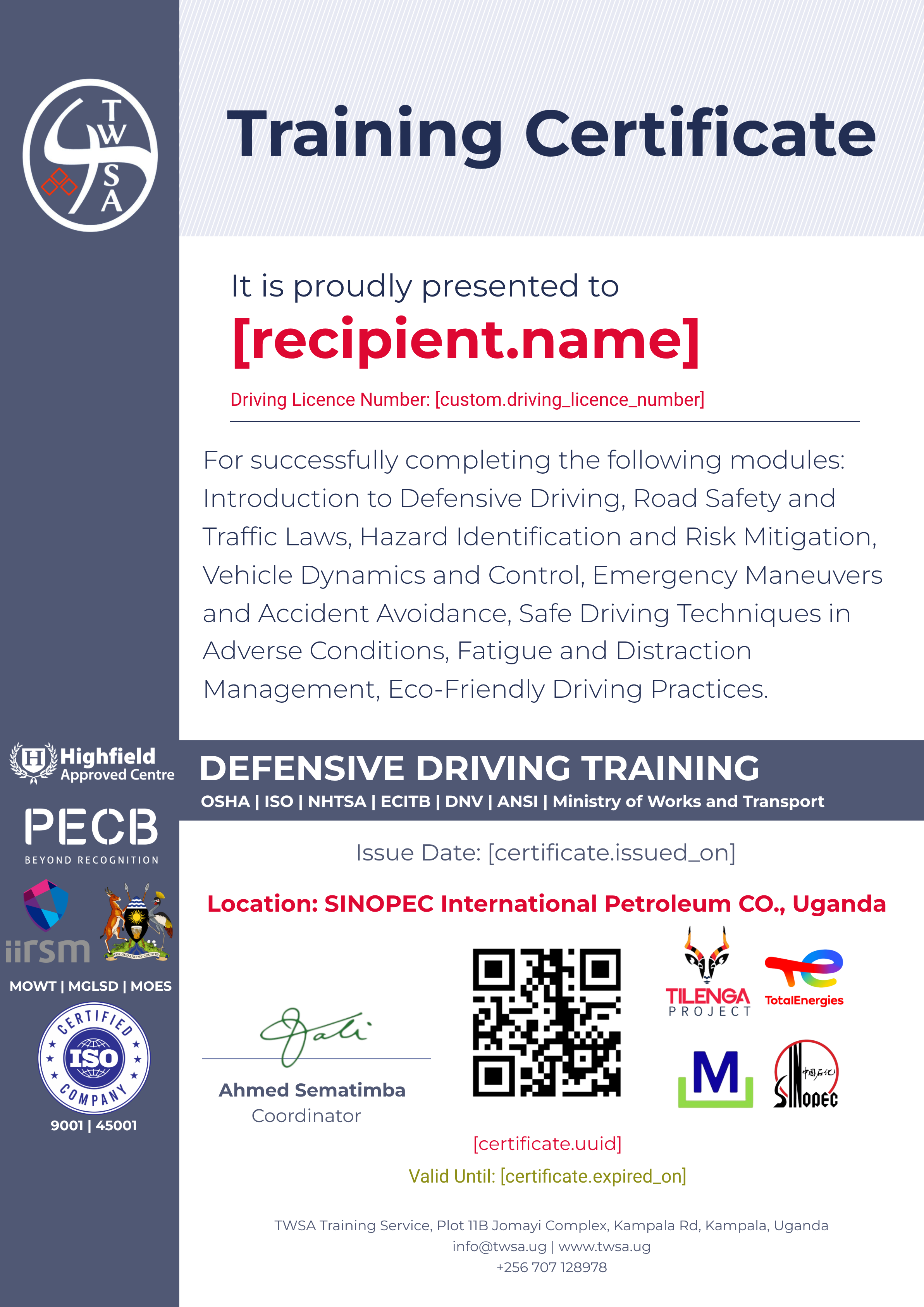 DEFENSIVE DRIVING TRAINING - SINOPEC certificate