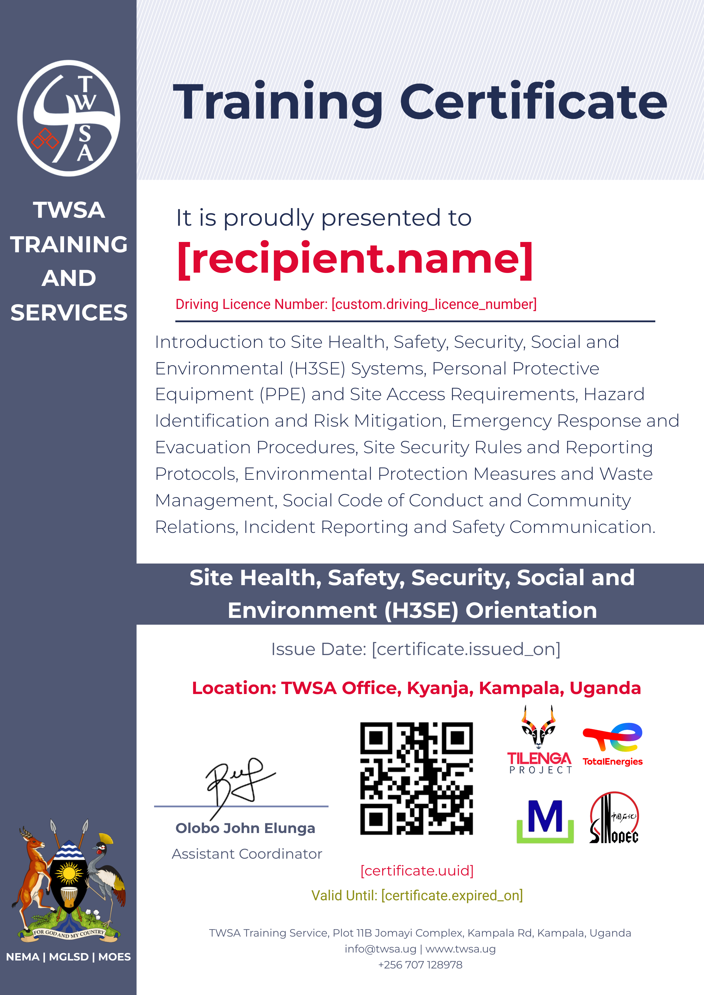Site Health, Safety, Security, Social and Environment (H3SE) Orientation certificate