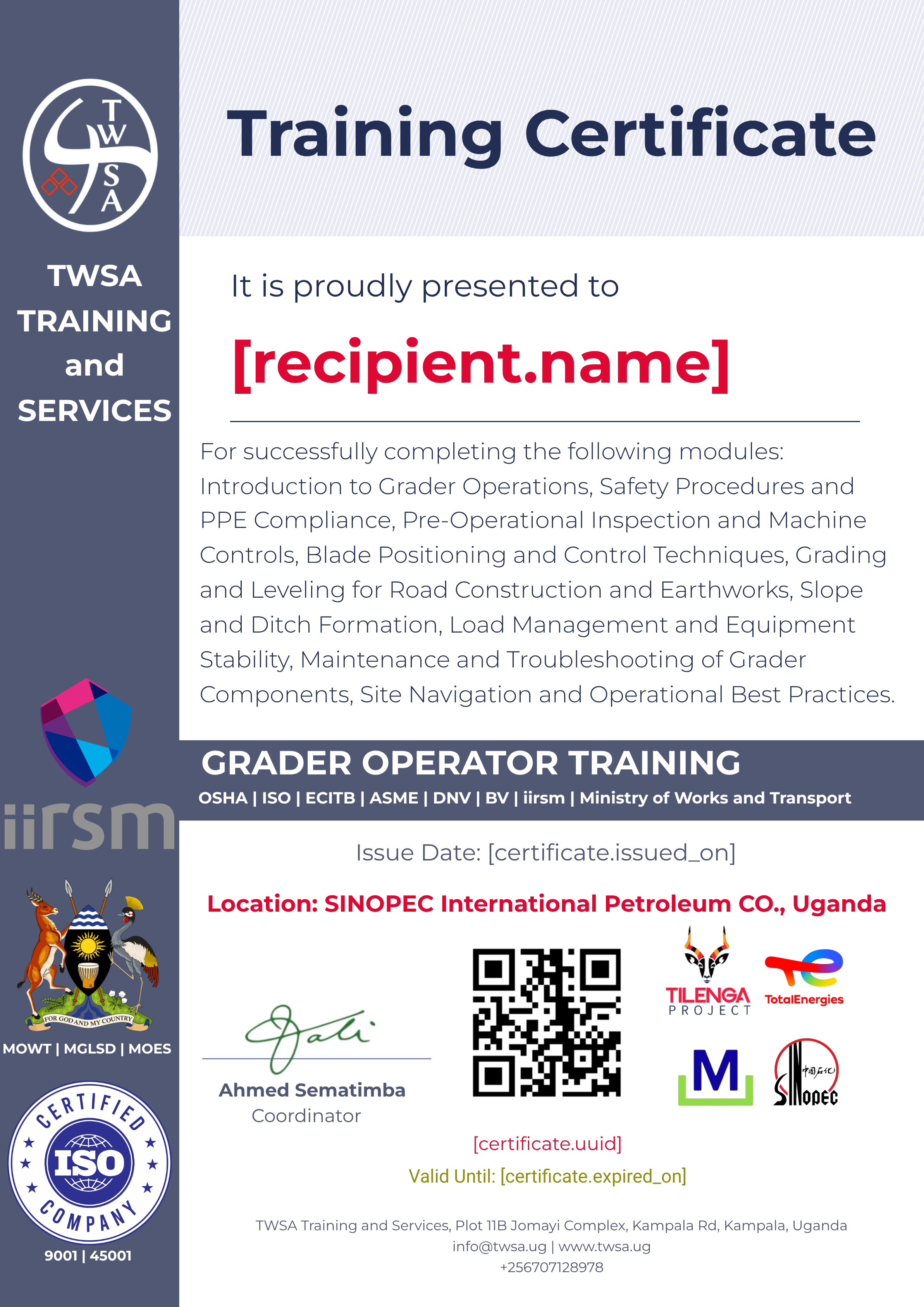 Grader Operator Training certificate