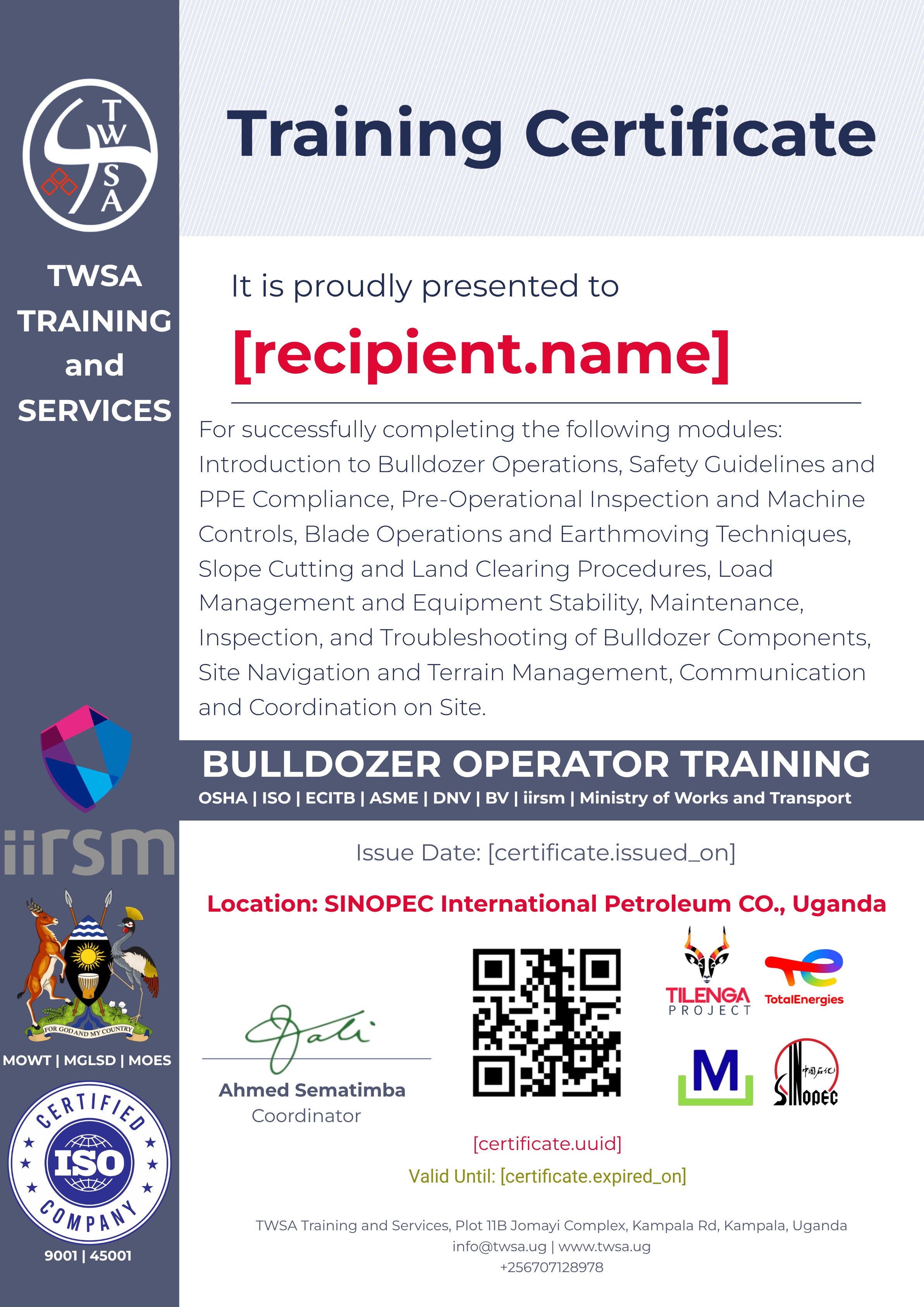Bulldozer Operator Training certificate