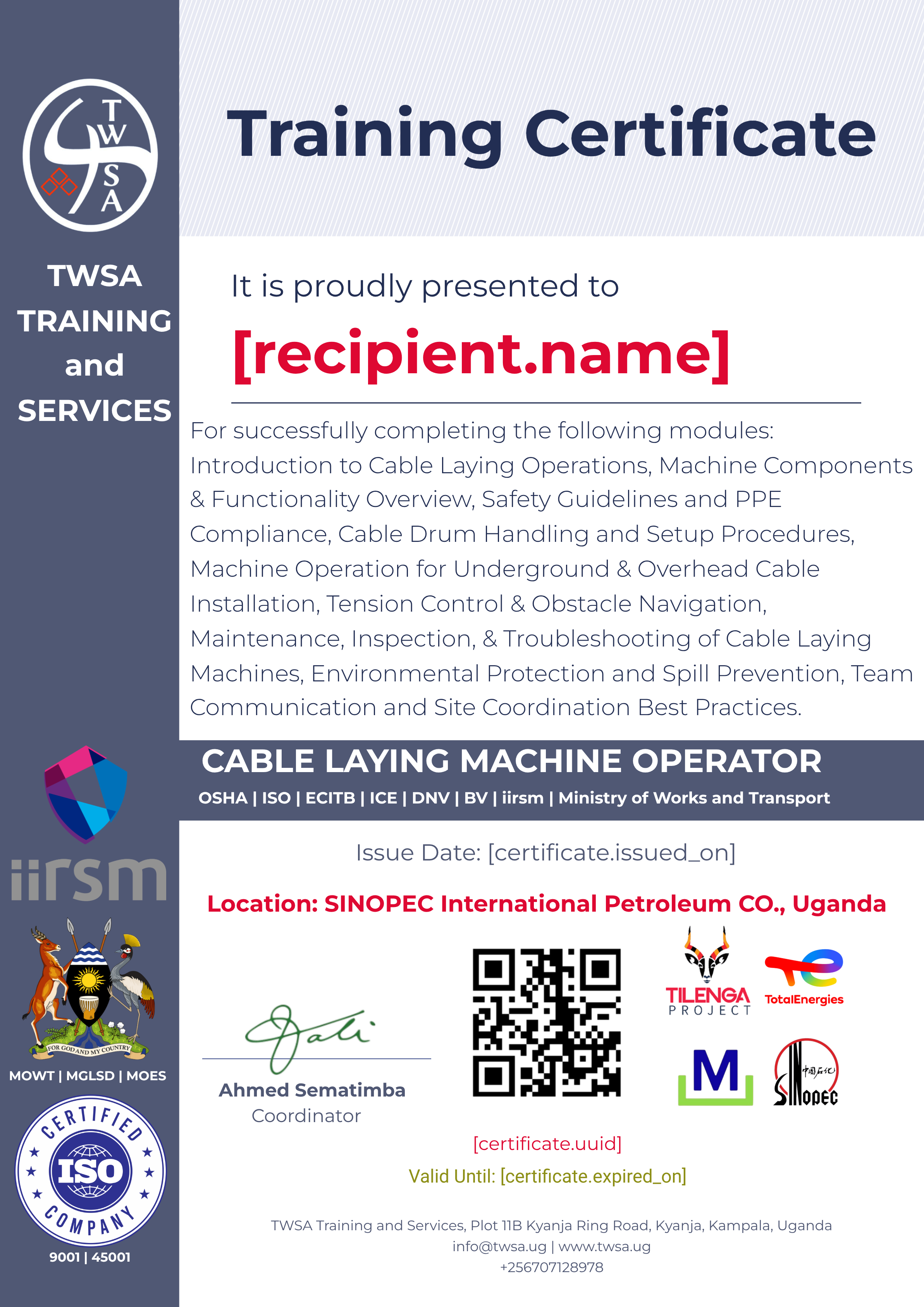 Cable Laying Machine Operator Training certificate