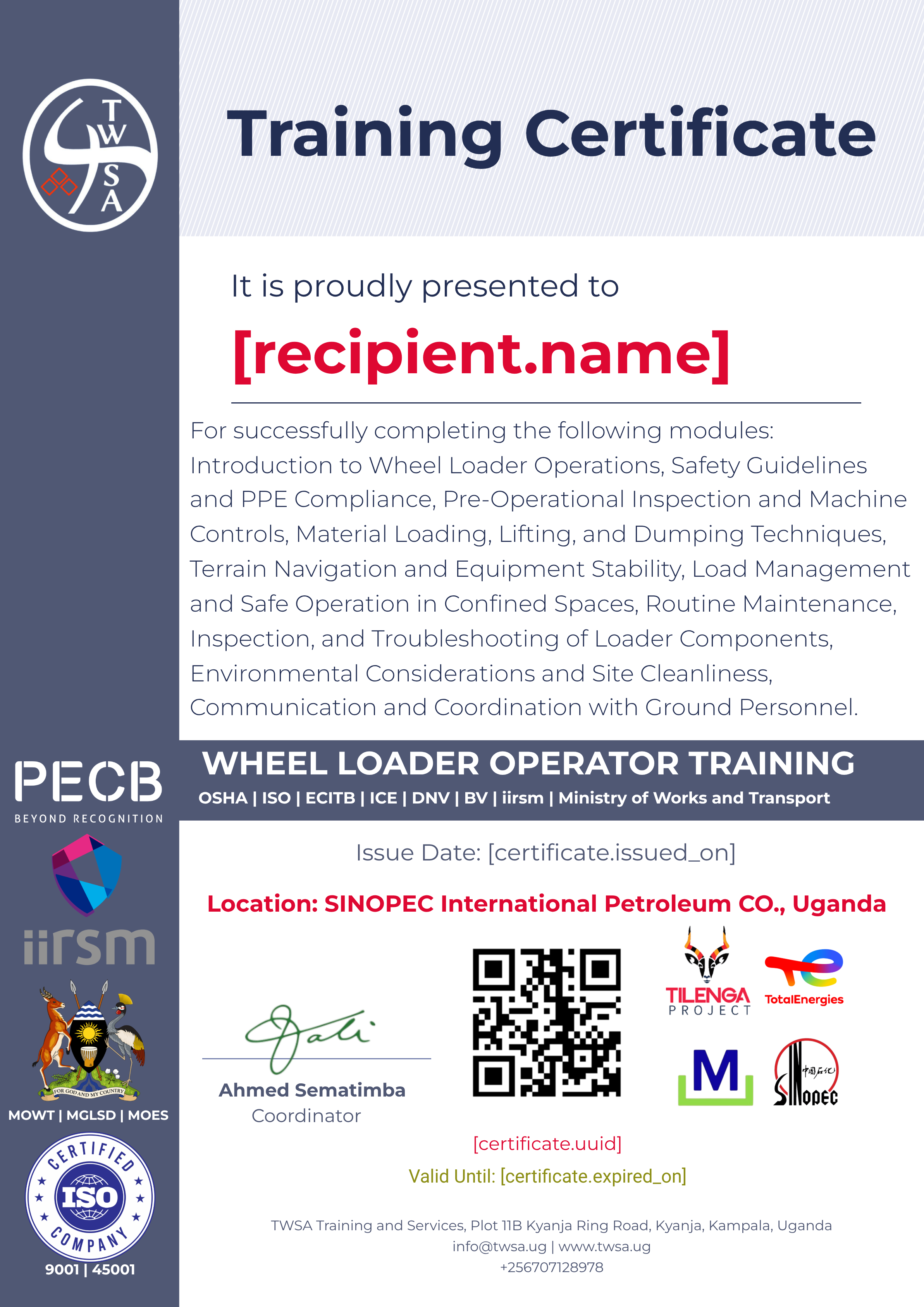 Wheel Loader Operator Training certificate