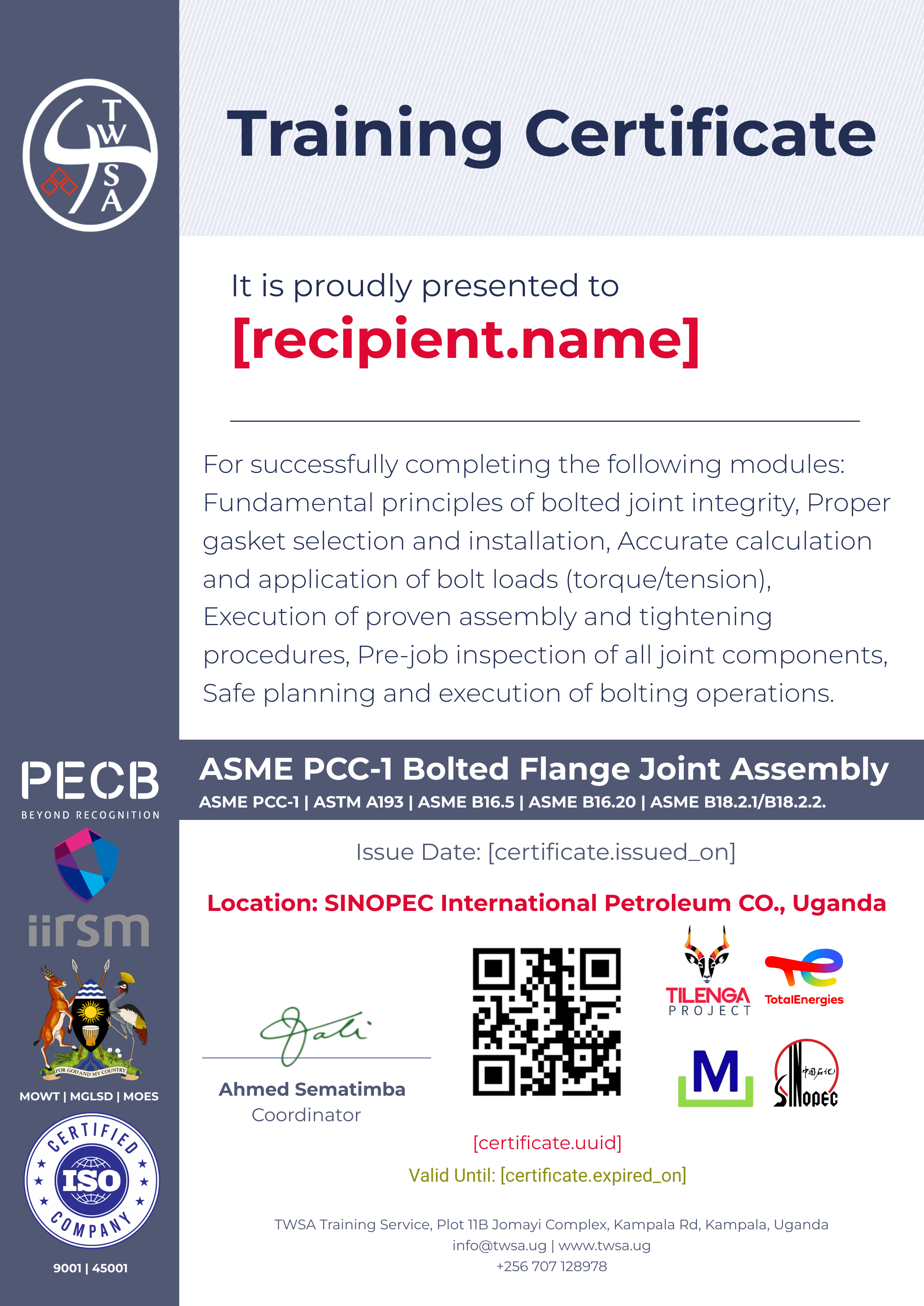 ASME PCC-1 Bolted Flange Joint Assembly Training certificate