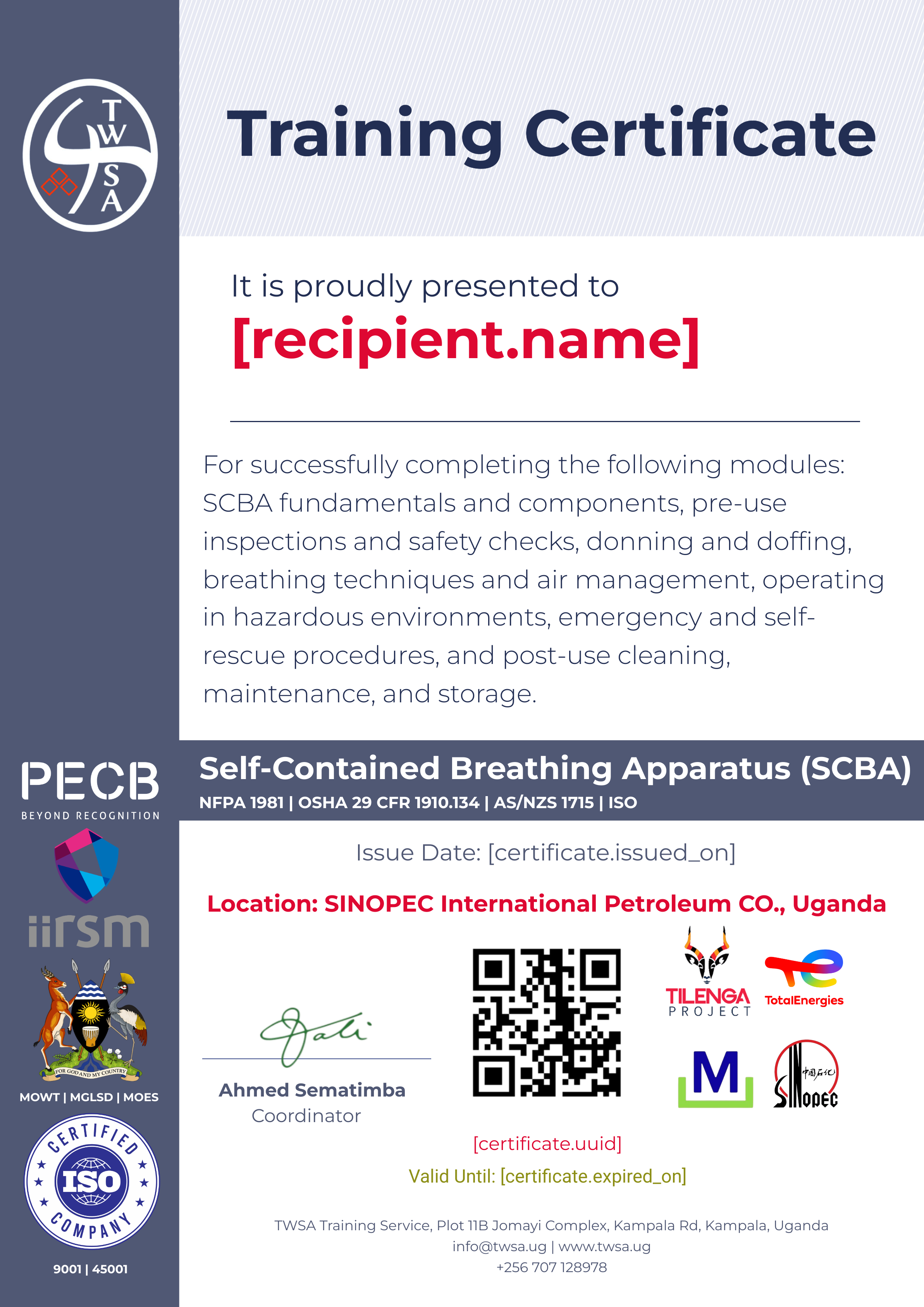 Self-Contained Breathing Apparatus (SCBA) Training certificate