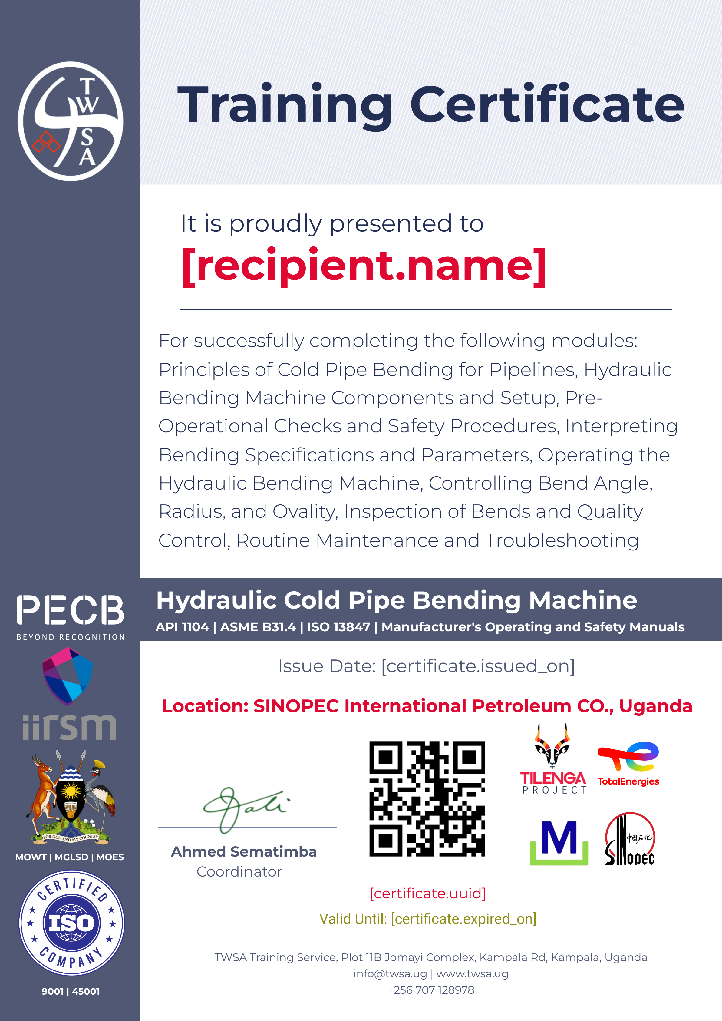 Hydraulic Cold Pipe Bending Machine Operator Training certificate
