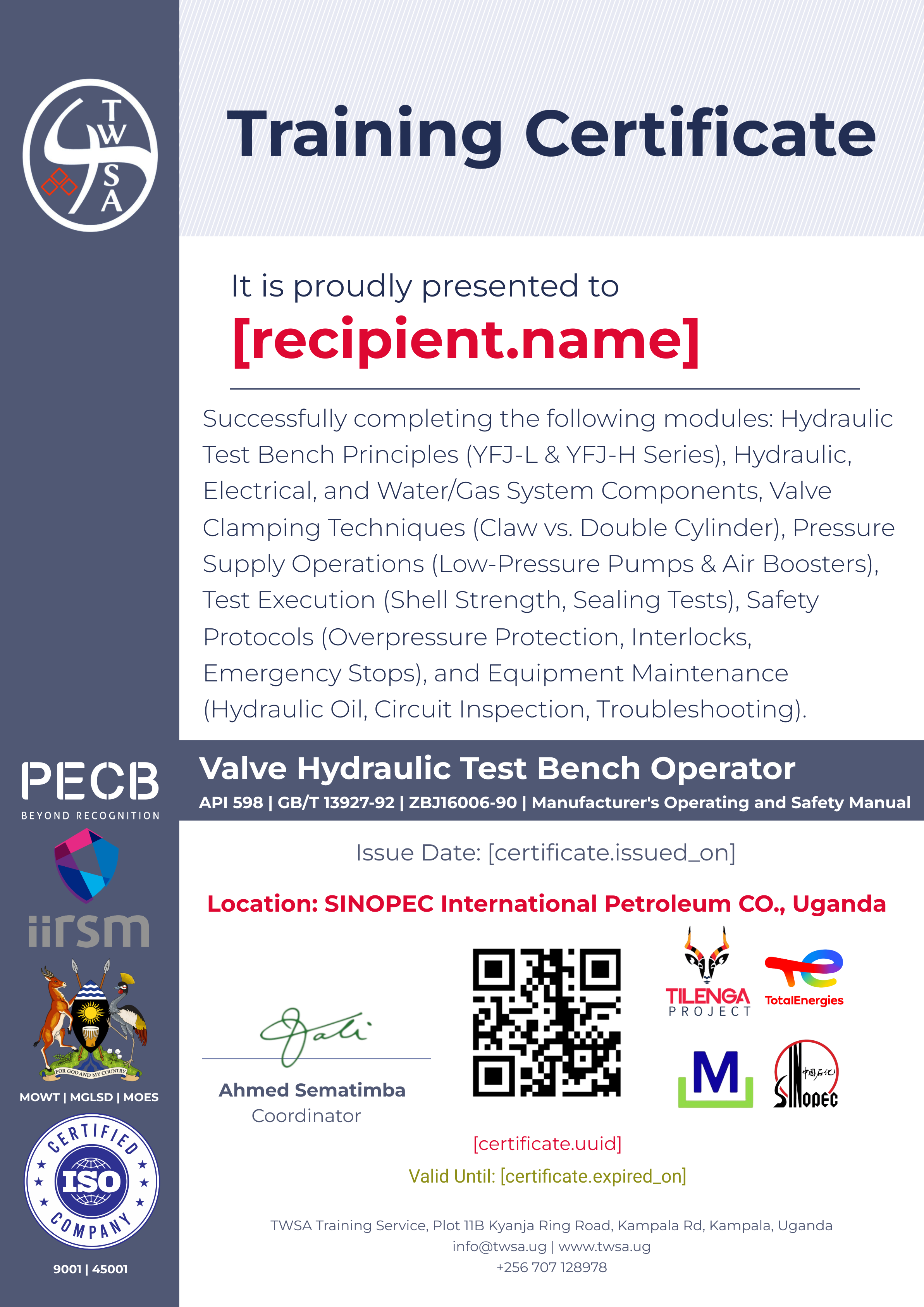 Valve Hydraulic Test Bench Operator Training certificate