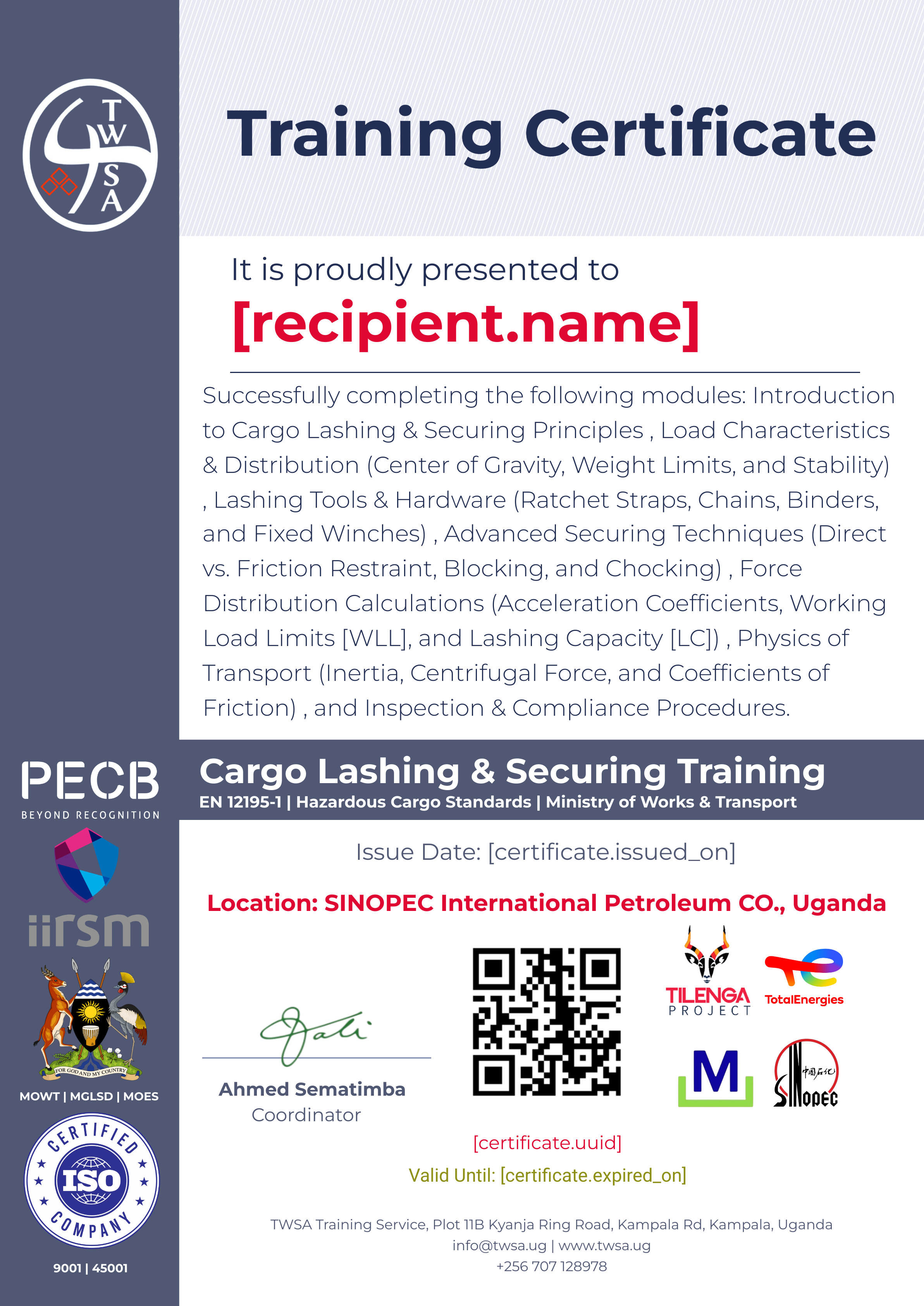 Cargo Lashing & Securing Training certificate
