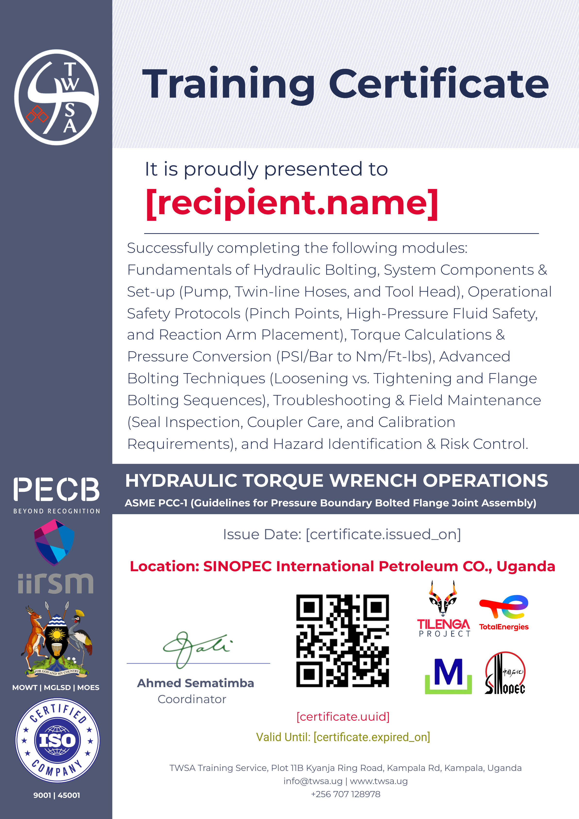 HYDRAULIC TORQUE WRENCH: SAFE USE & OPERATIONS TRAINING certificate