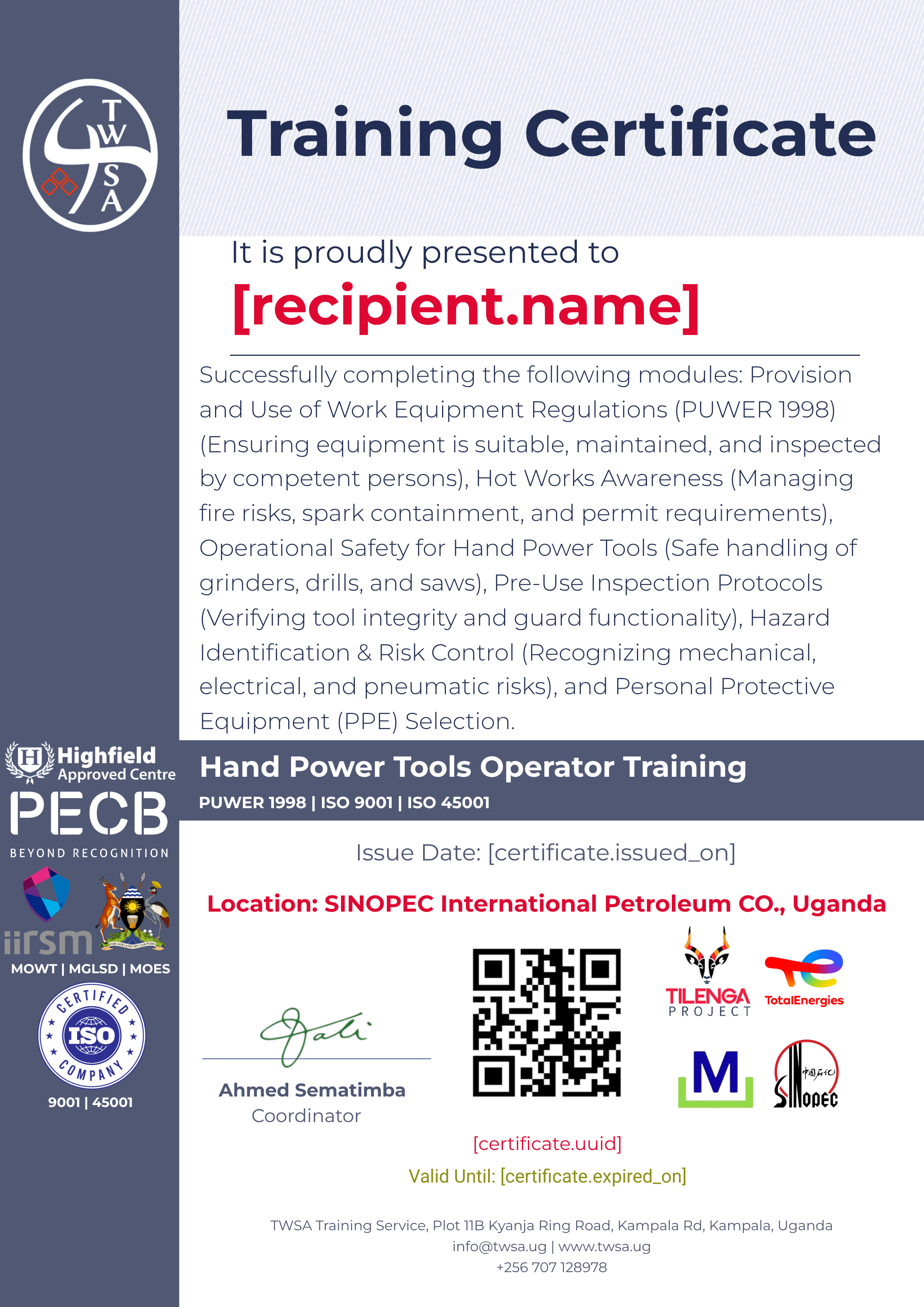 Hand Power Tools Operator Training certificate