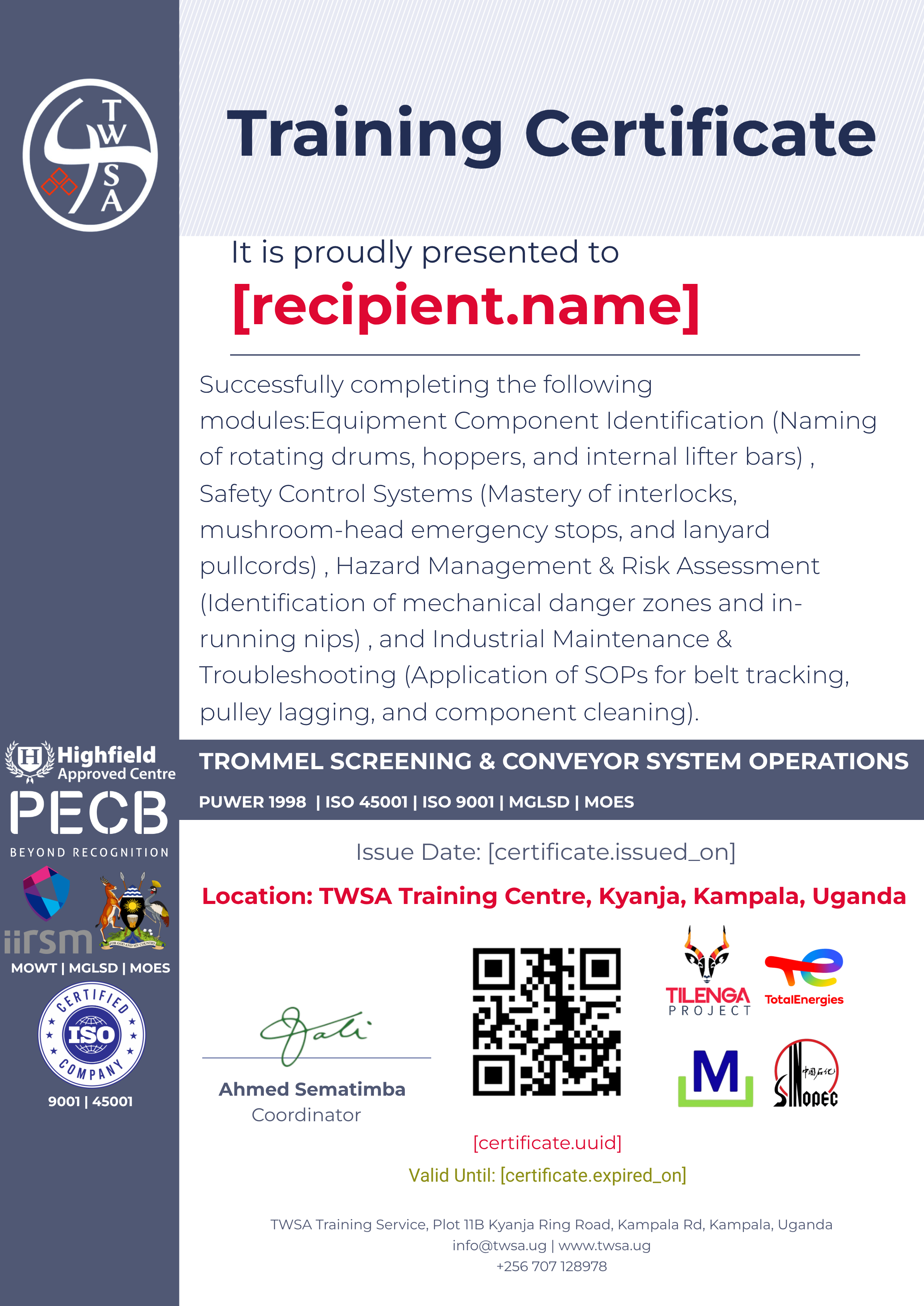 Trommel Screening & Conveyor System Operations certificate