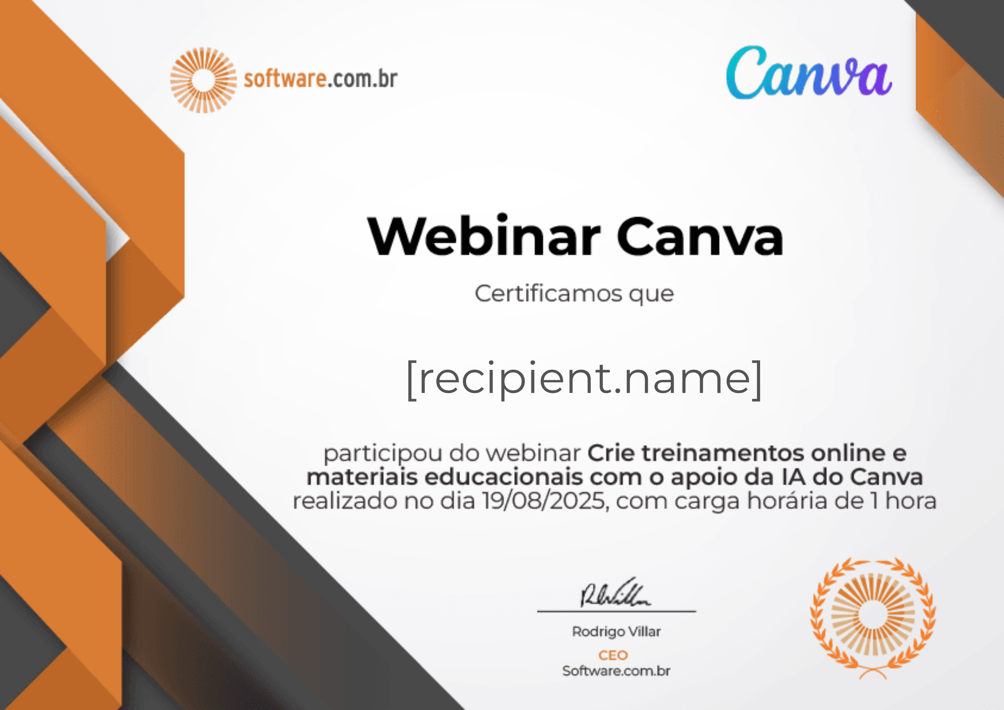 Webinar | Crie treinamentos online e materiais educacionais com o apoio da IA do Canva certificate