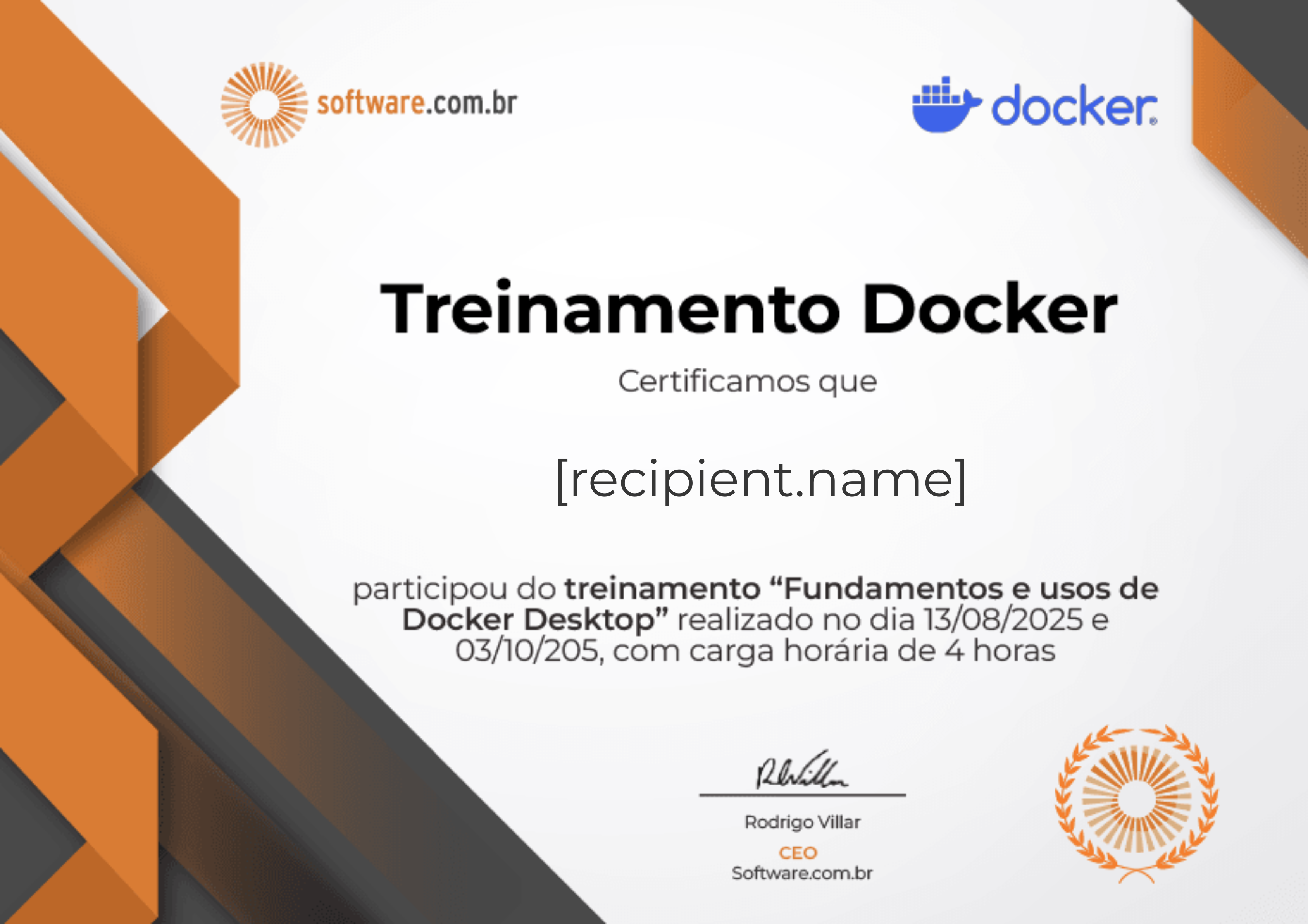 Treinamento "Fundamentos e usos de Docker Desktop" certificate