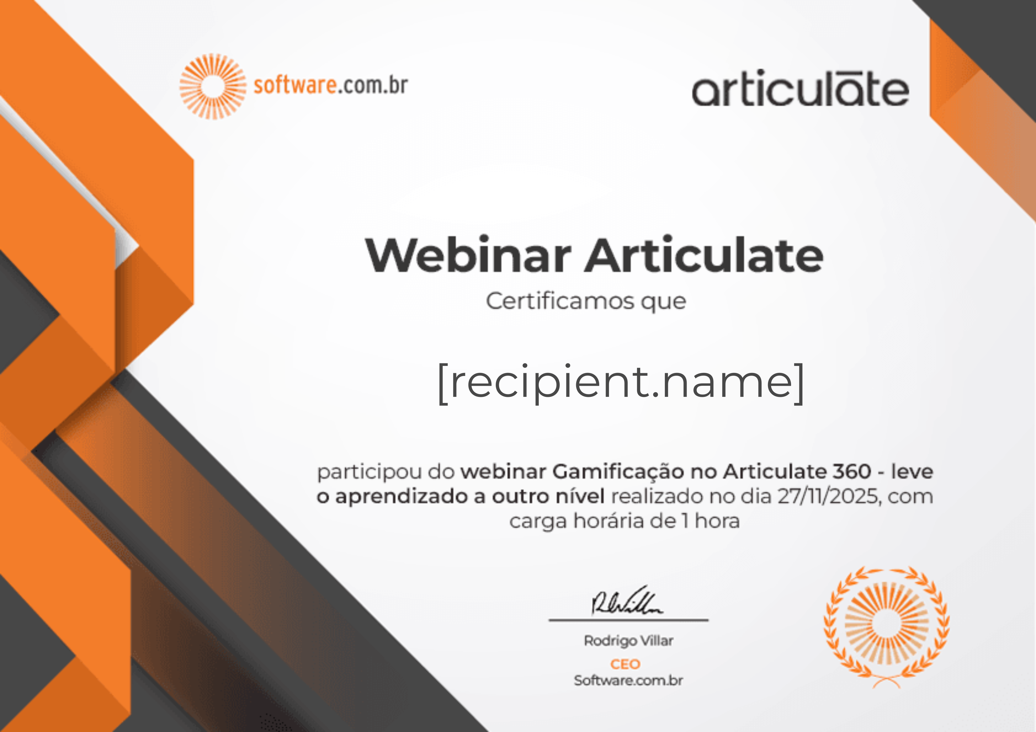 Webinar | Gamificação no Articulate 360 - leve o aprendizado a outro nível certificate