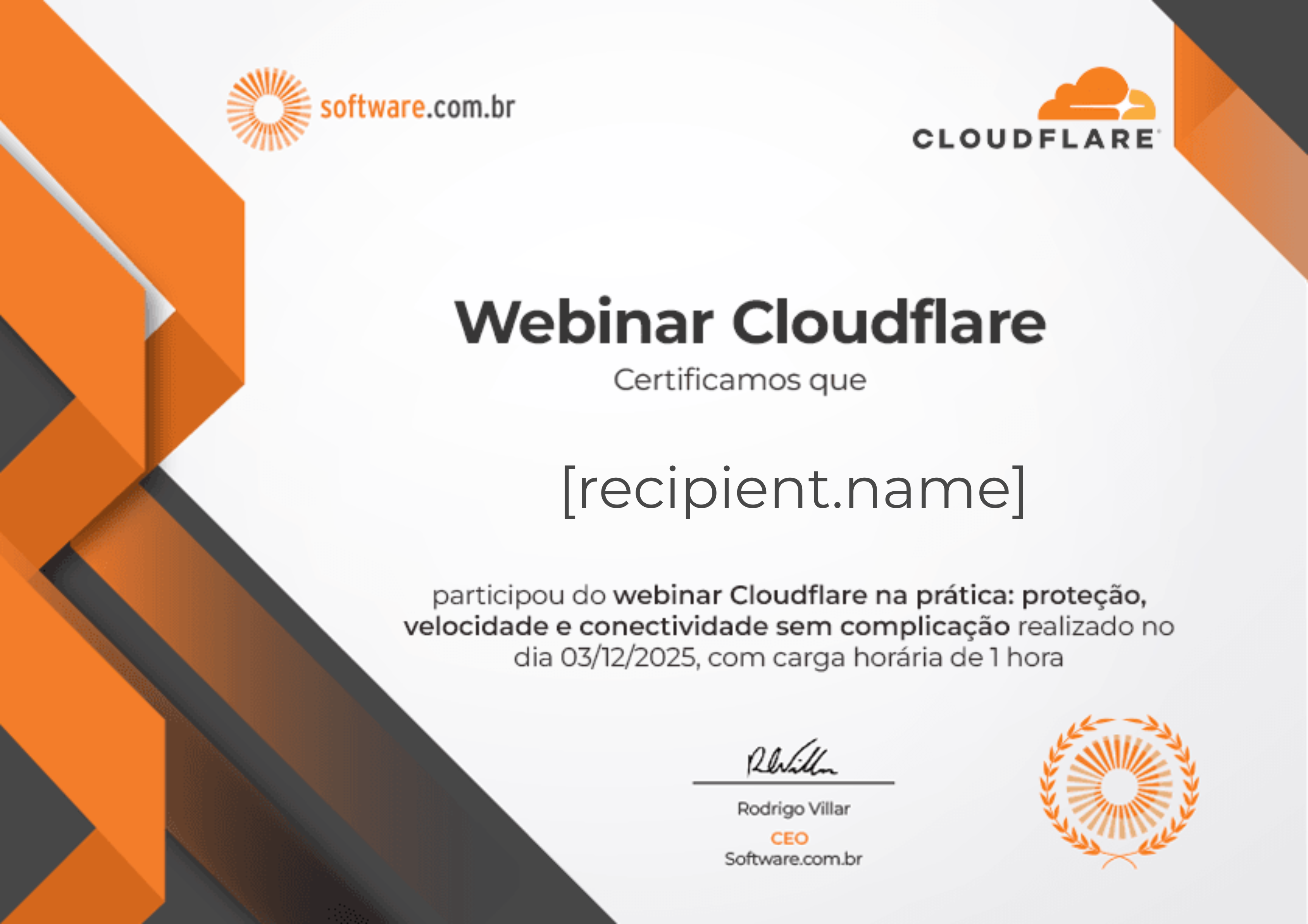 Webinar | Cloudflare na prática: proteção, velocidade e conectividade sem complicação certificate