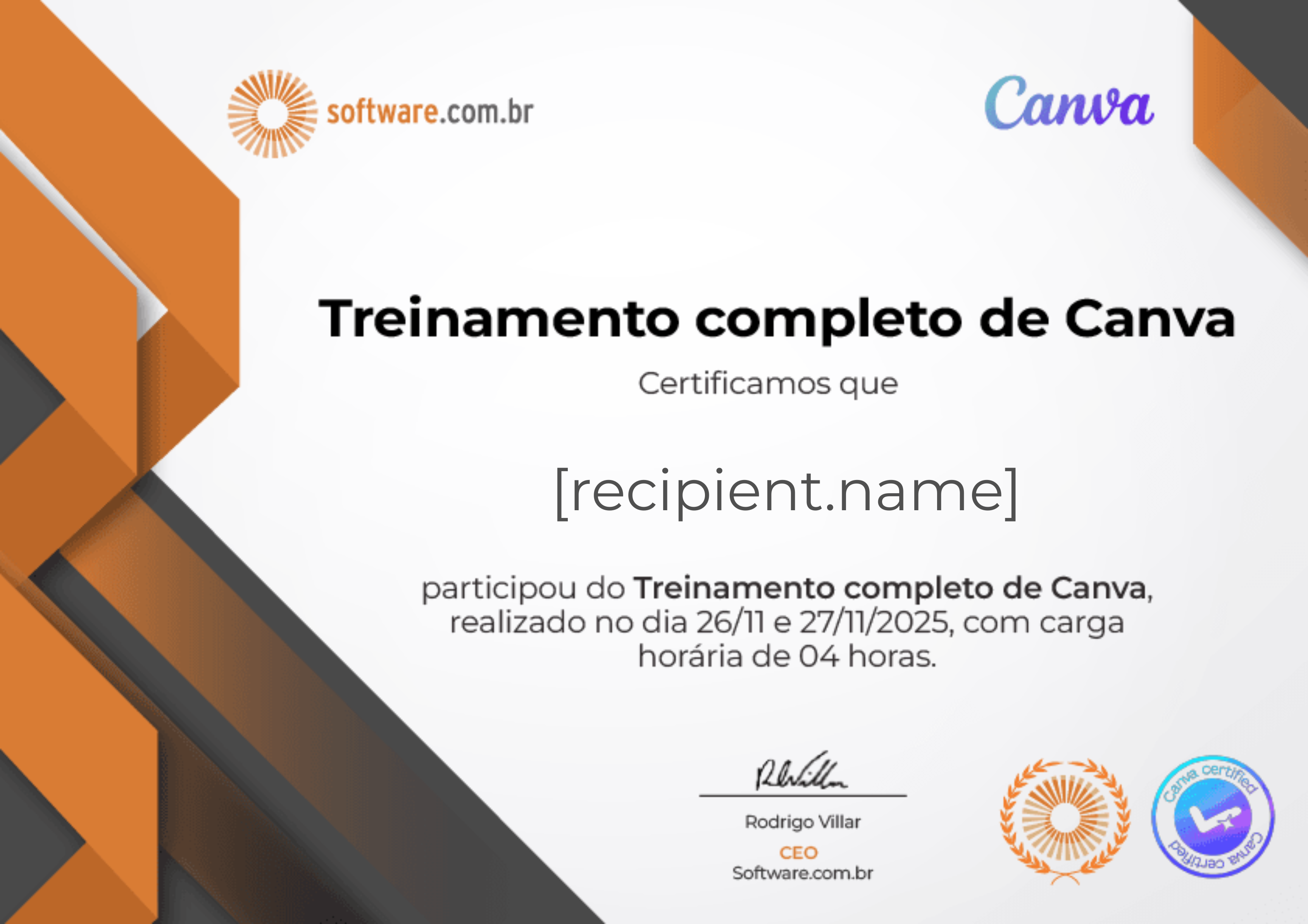 Treinamento completo de Canva certificate