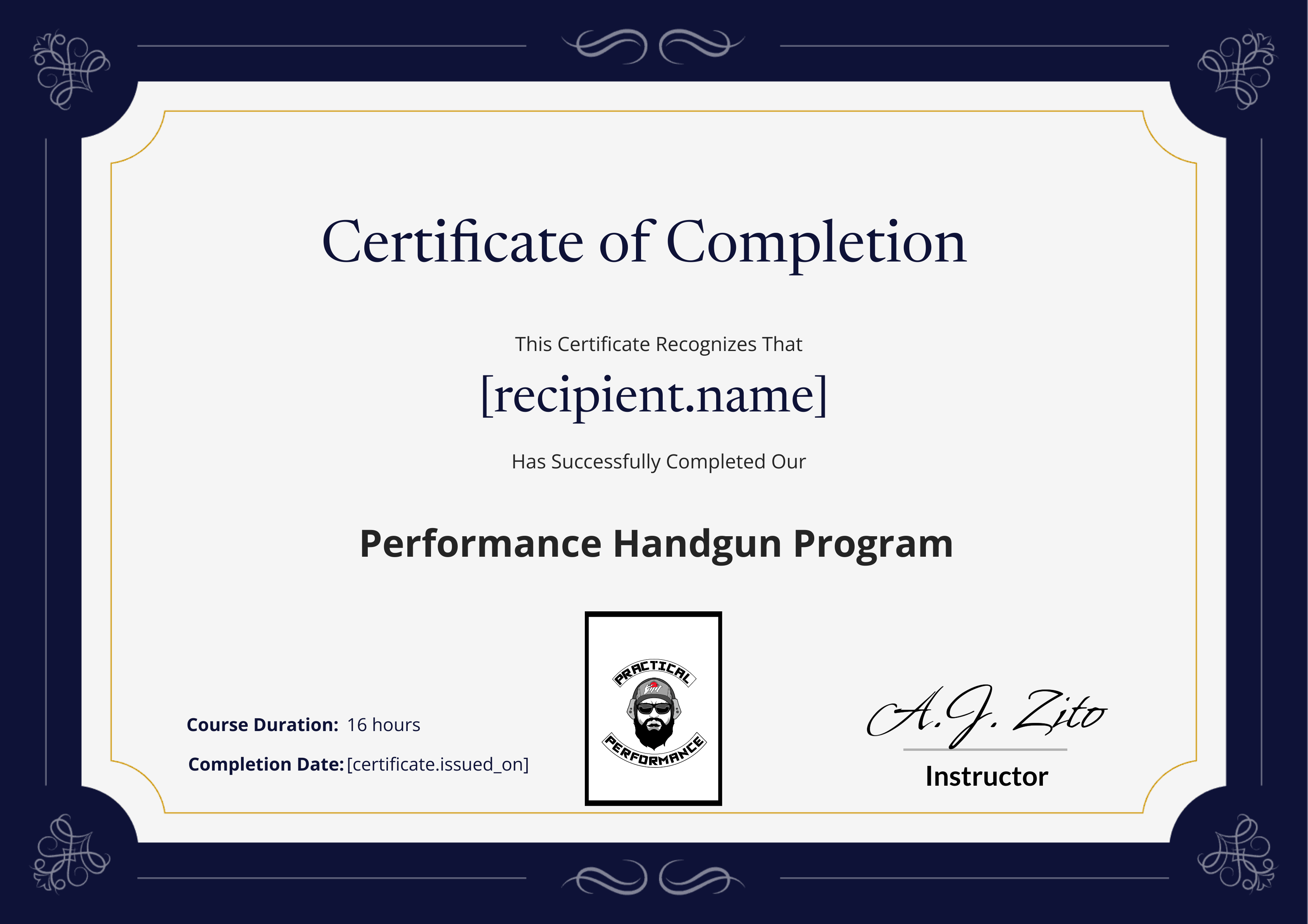 A.J. Performance Handgun certificate