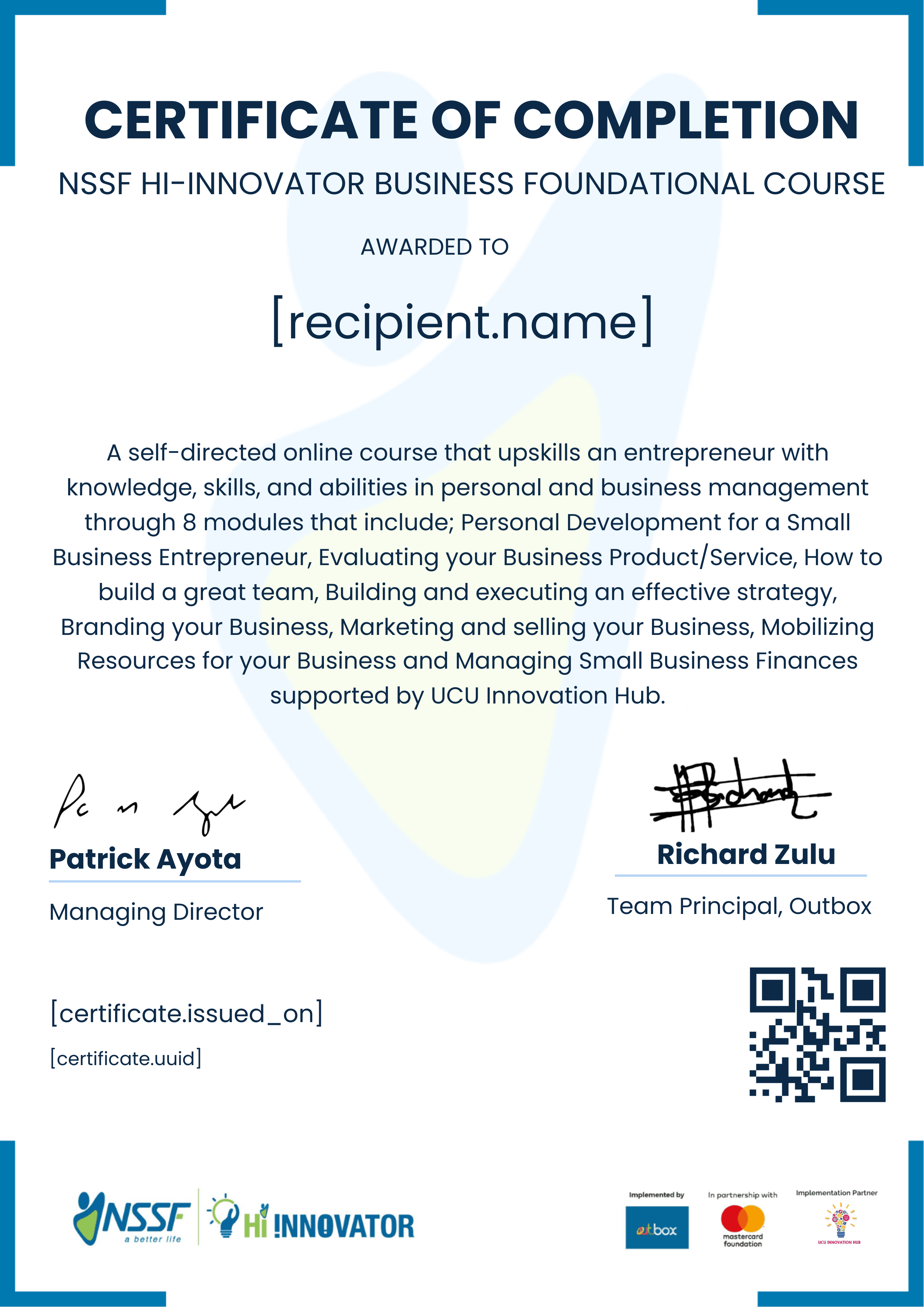 UCU Innovation Hub BFC certificate