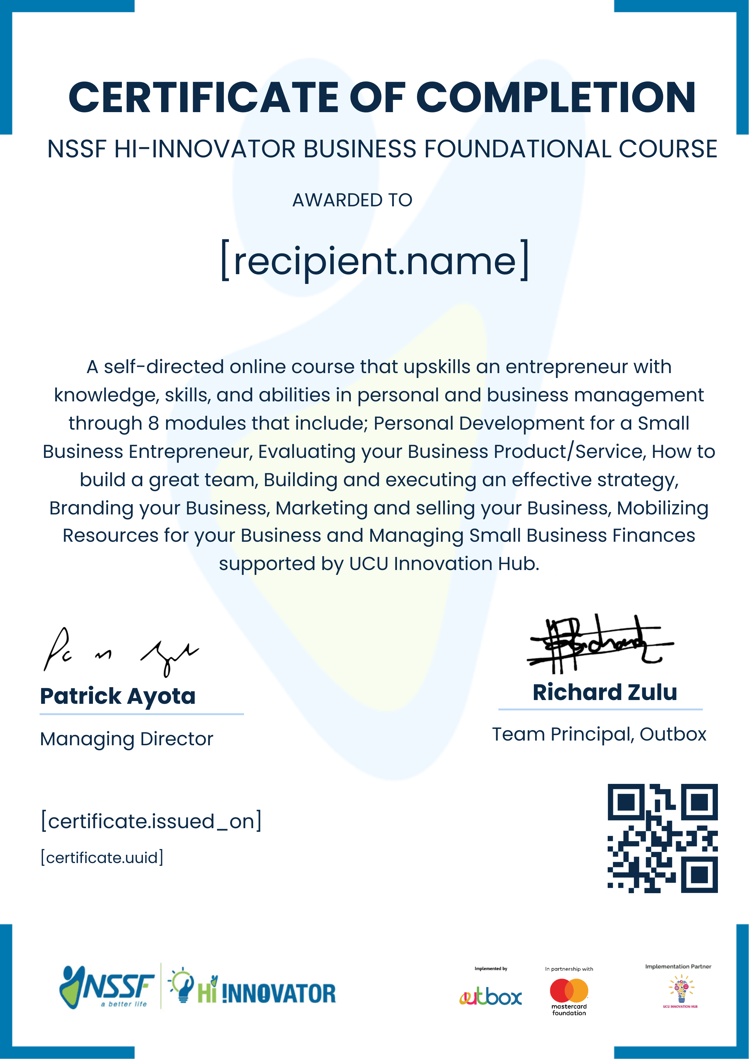UCU Innovation Hub BFC certificate