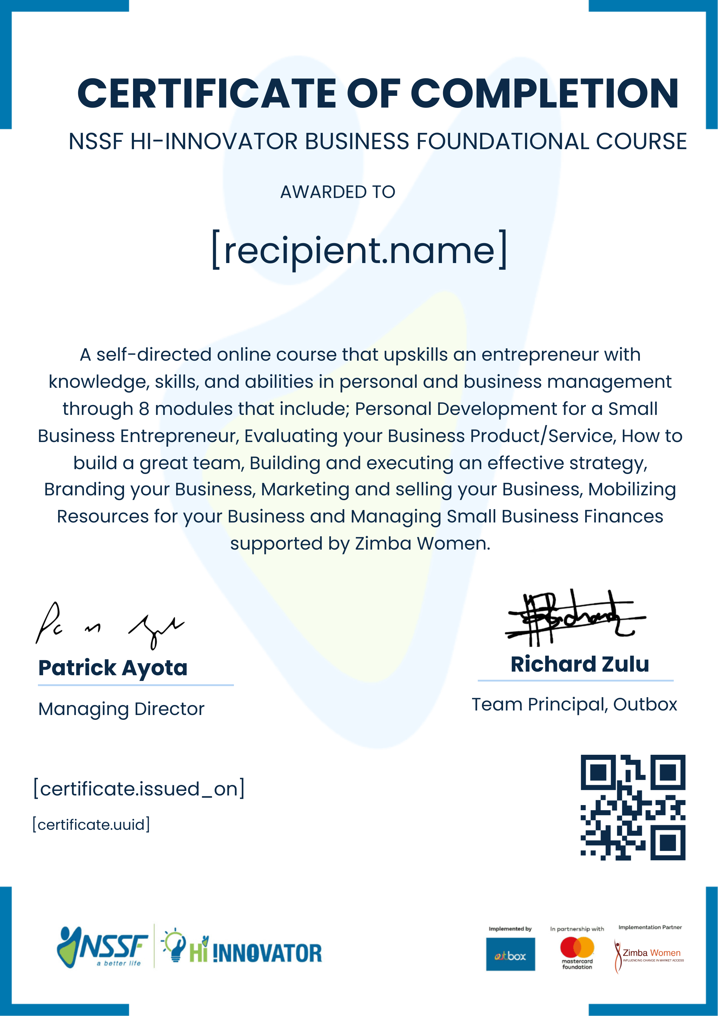 Zimba Women BFC certificate