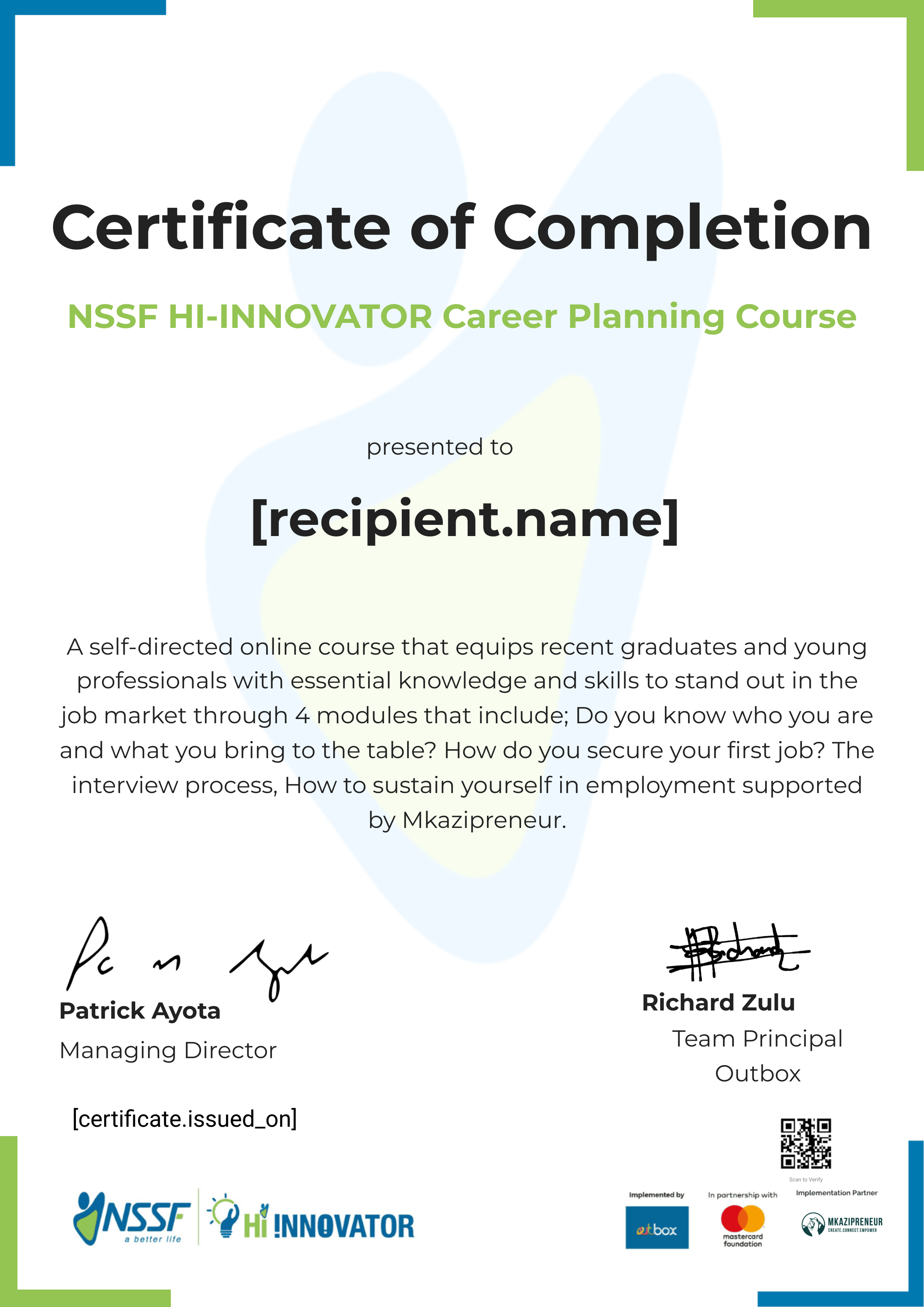 Mkazipreneur Career Course certificate