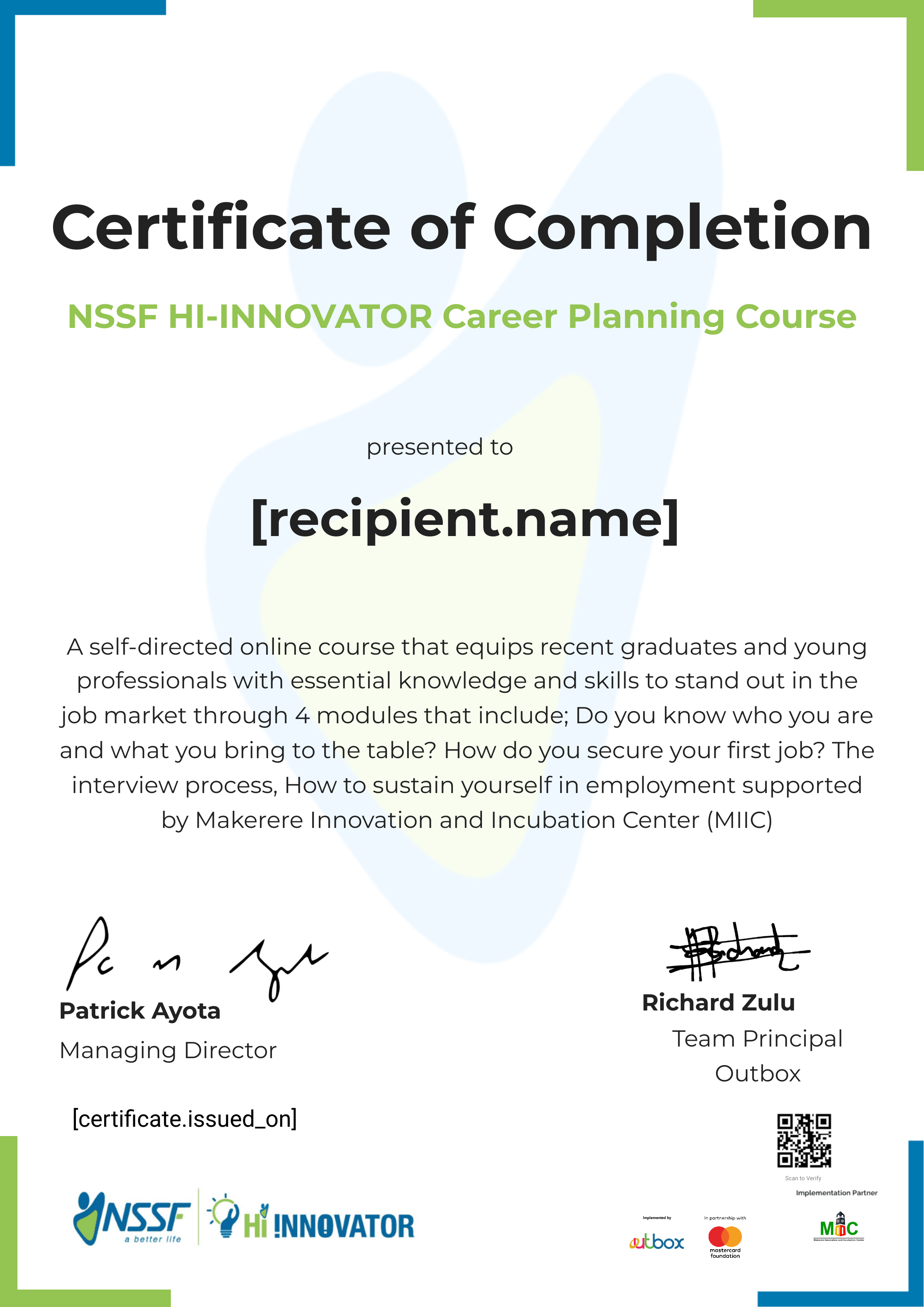 MIIC Career Course certificate