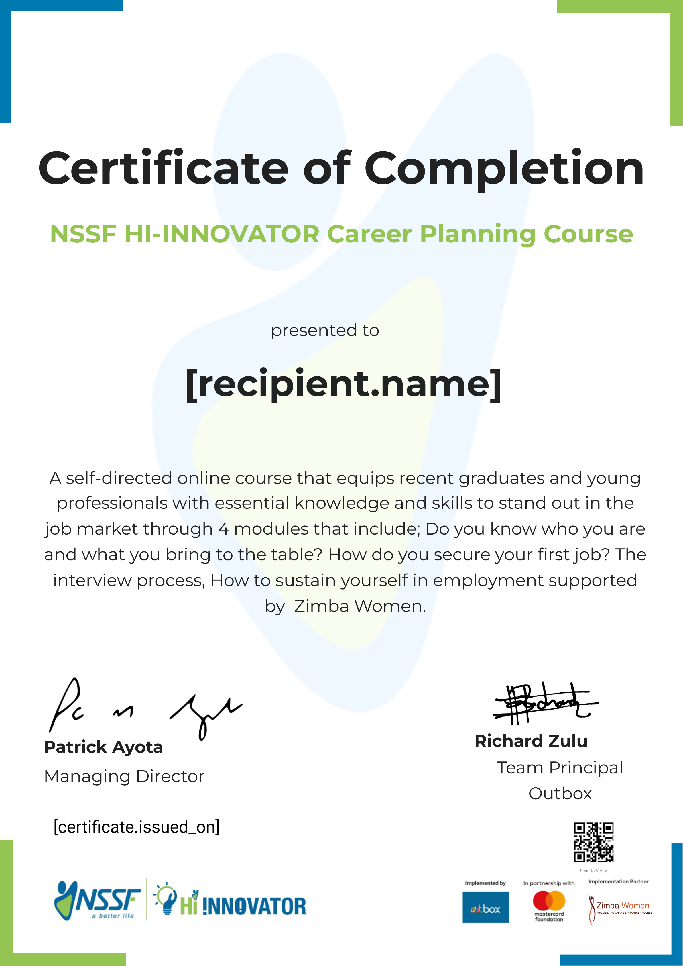 Zimba Women Career Course certificate