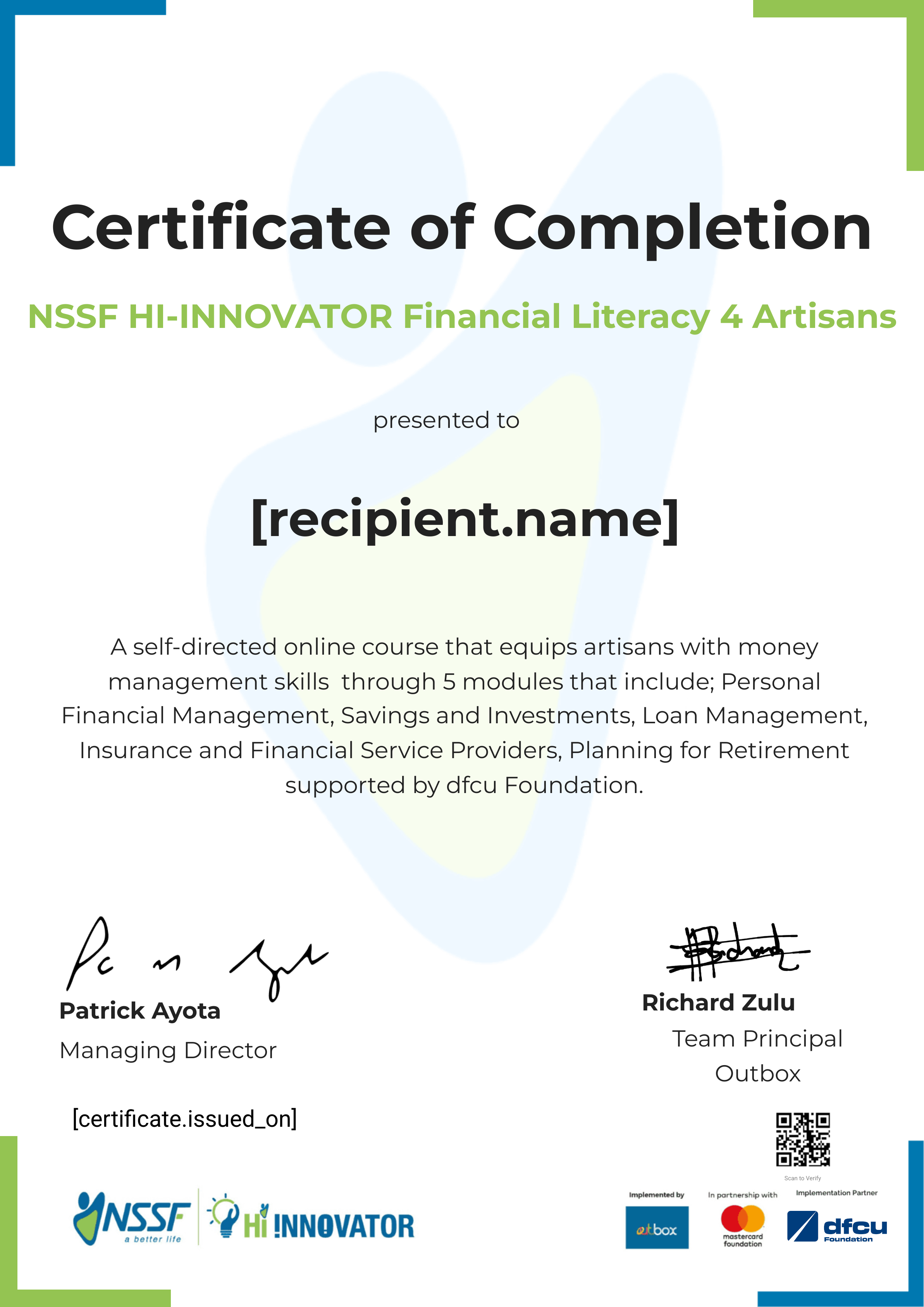 dfcu Foundation FL 4 Artisans certificate