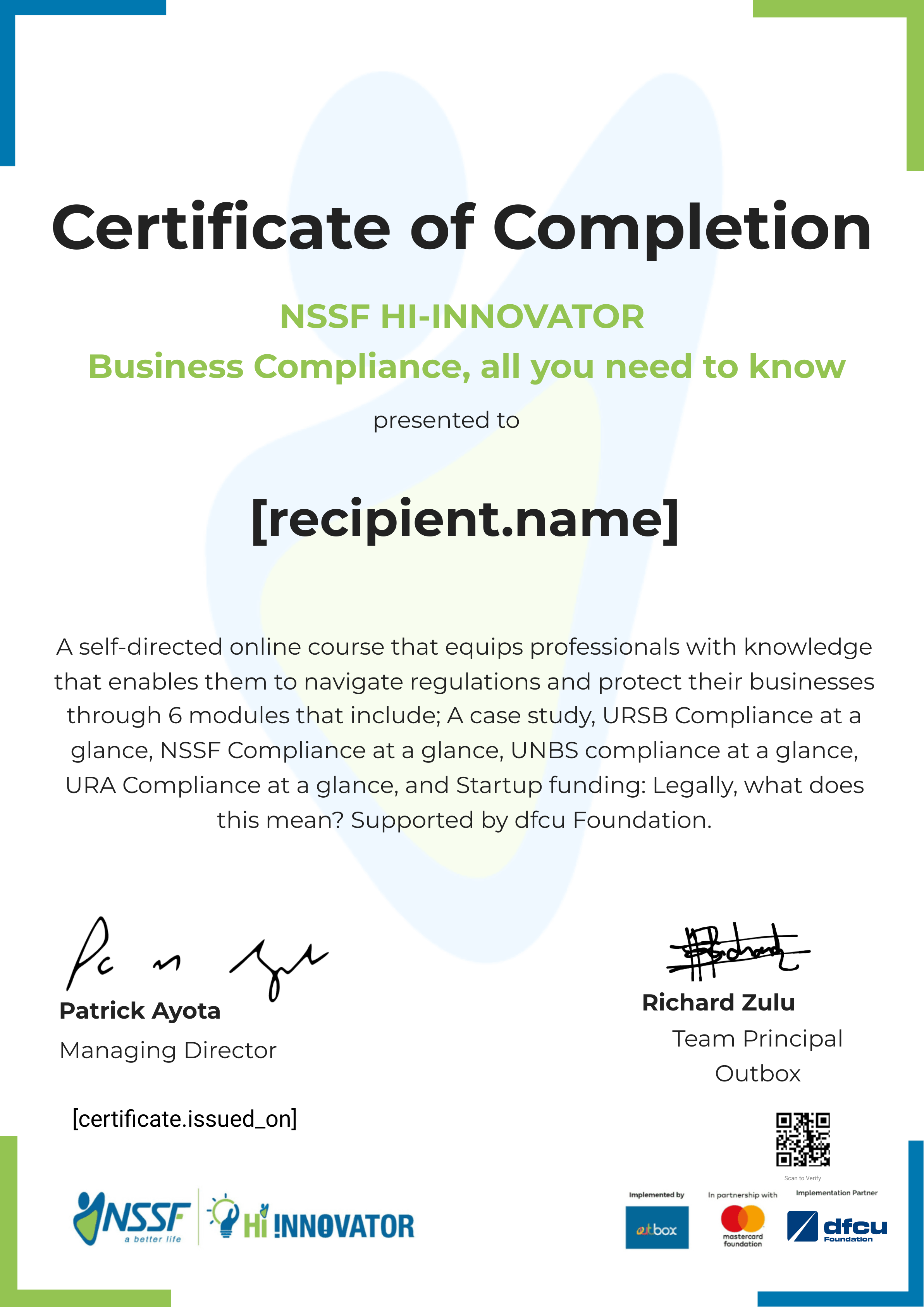 dfcu Foundation business compliance certificate