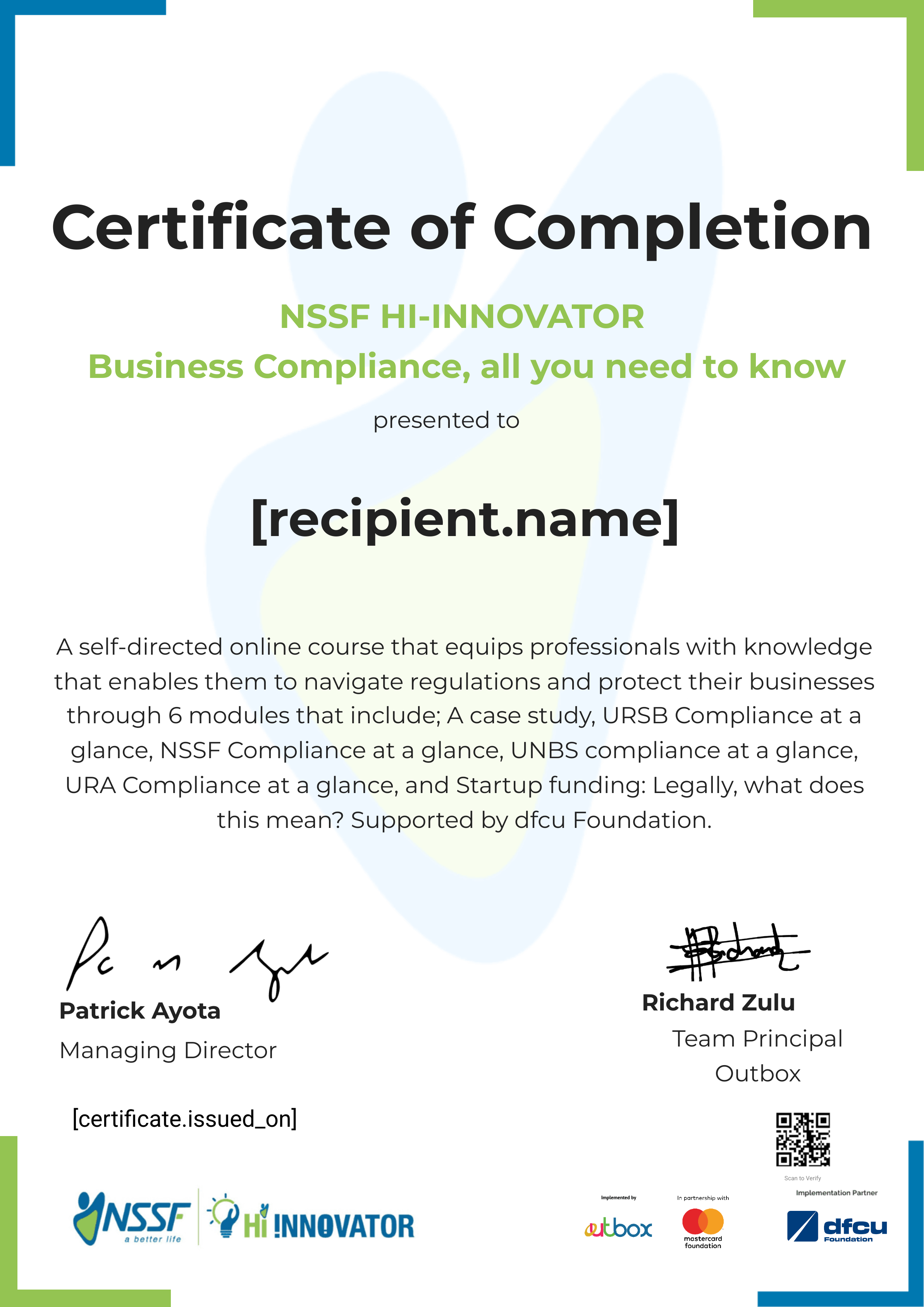 dfcu Foundation business compliance certificate