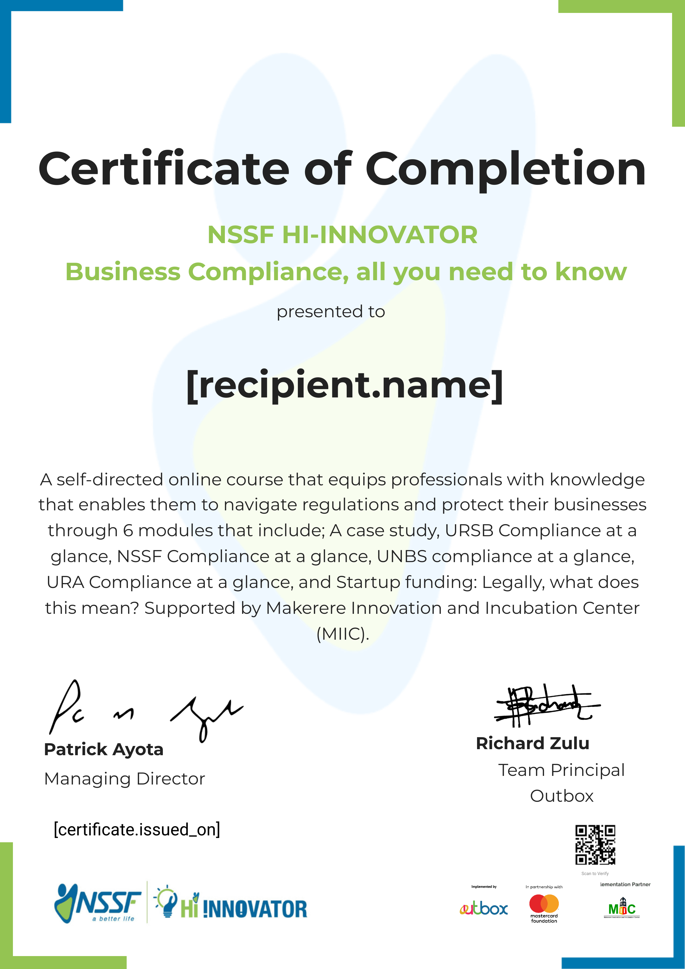 MIIC Business Compliance certificate