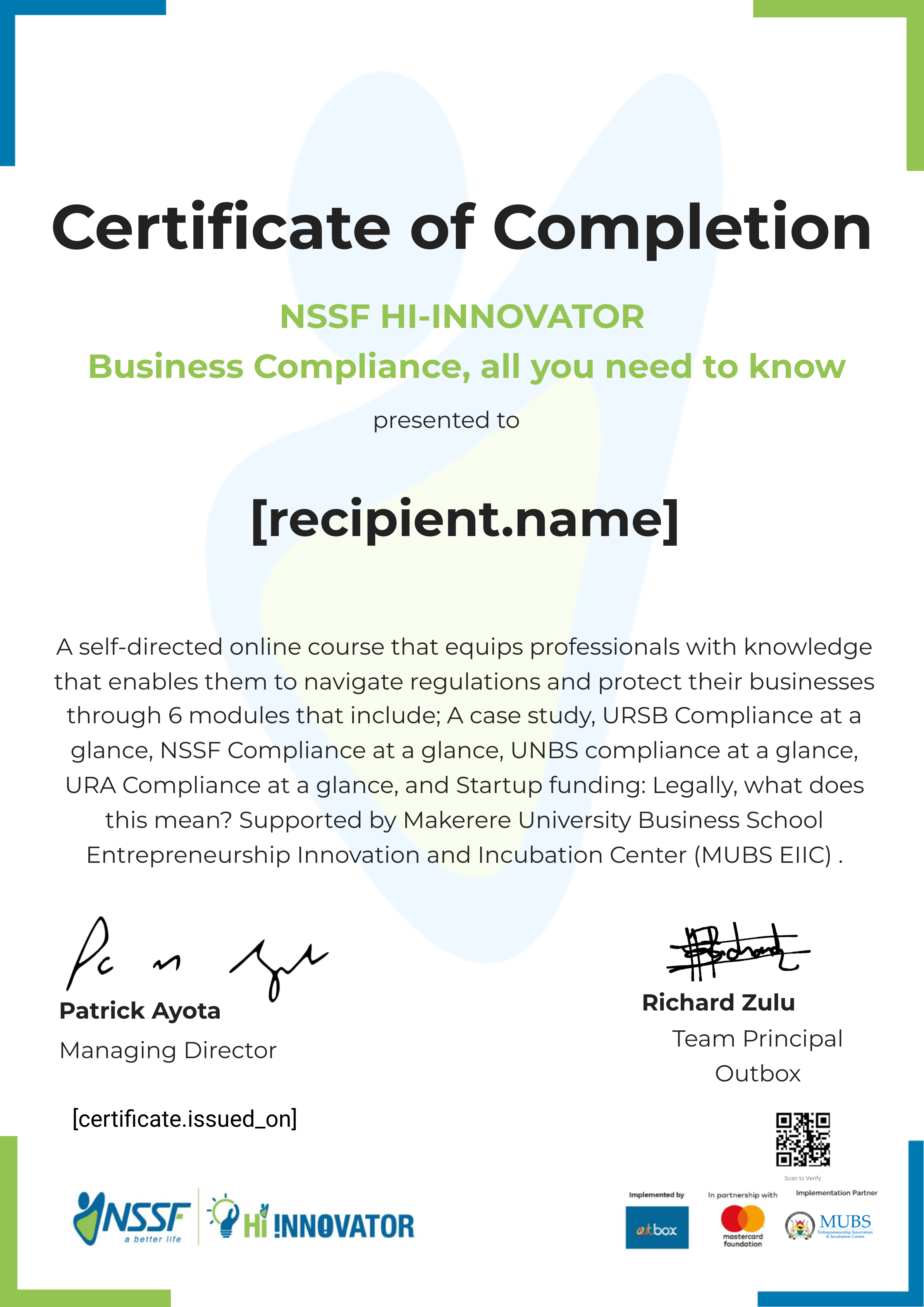 MUBS Business Compliance certificate