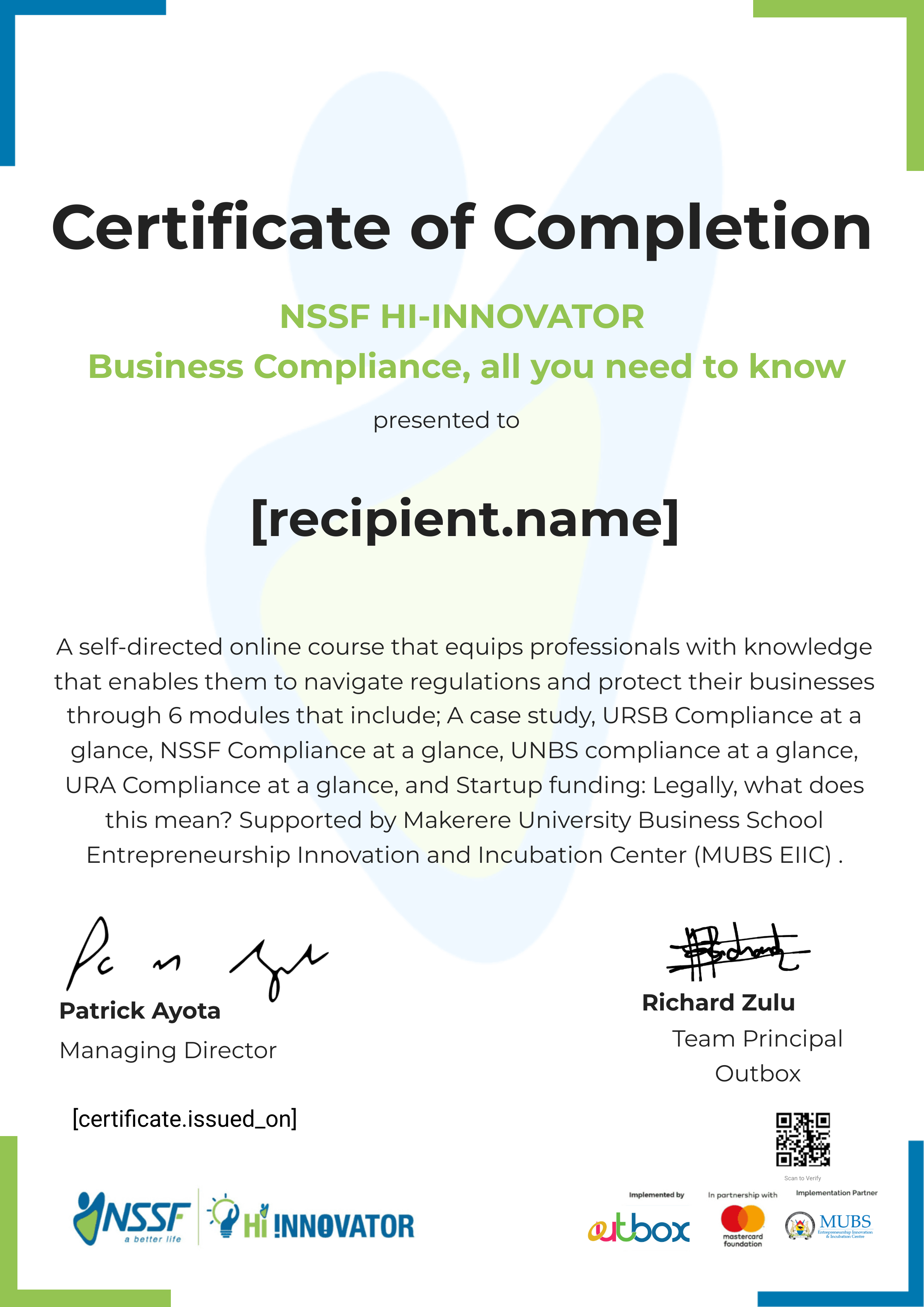 MUBS Business Compliance certificate
