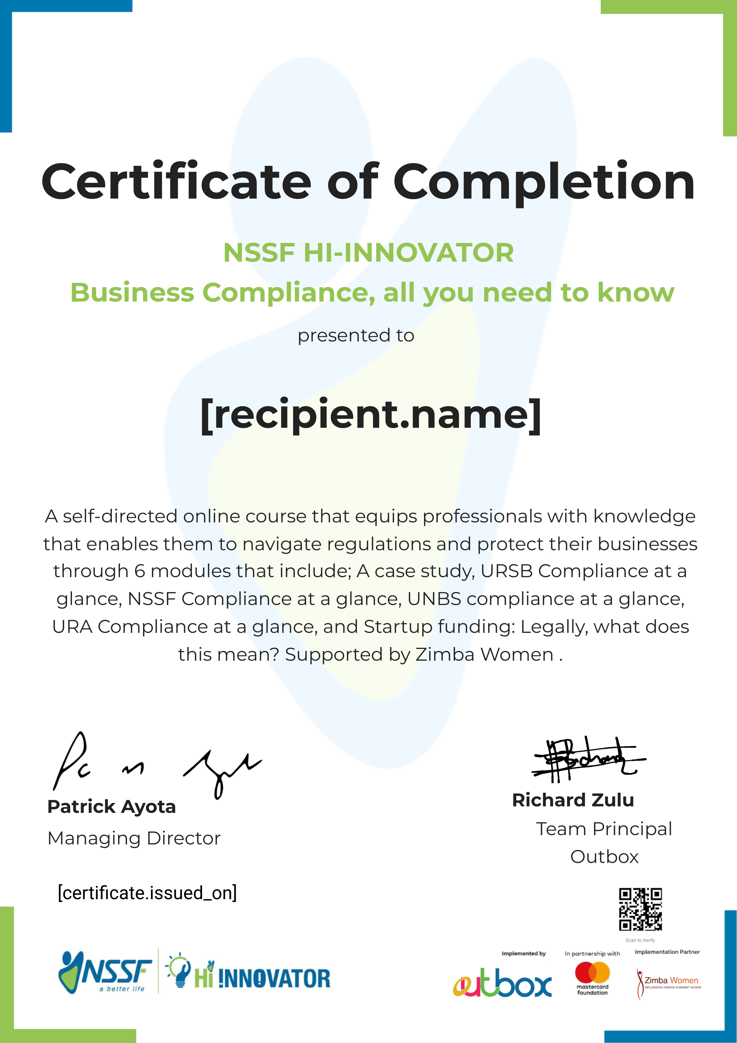 Zimba Women Business Compliance certificate