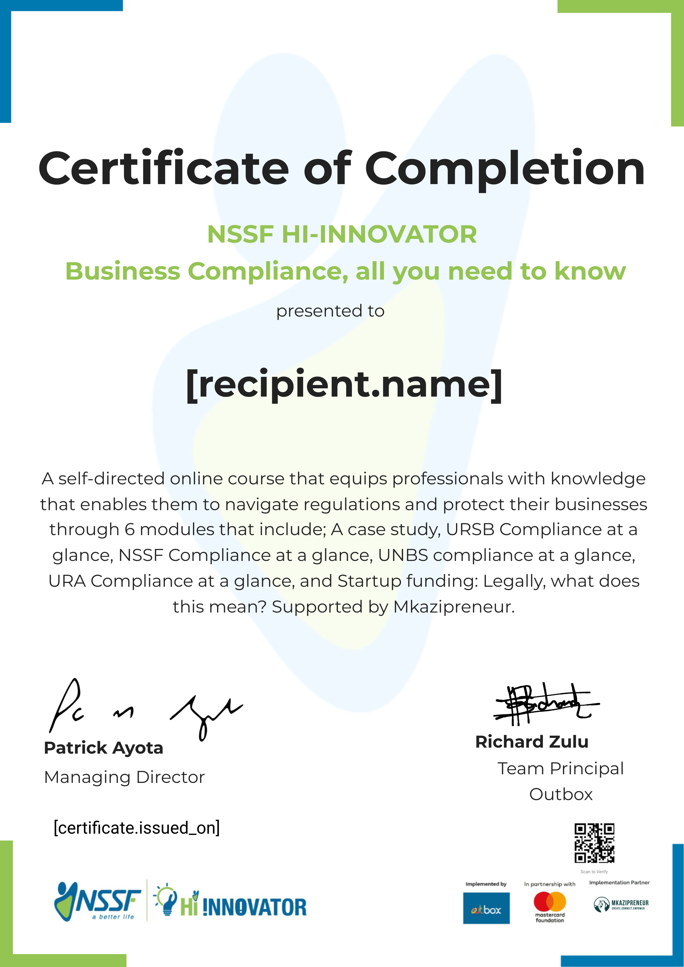 Mkazipreneur Business Compliance certificate