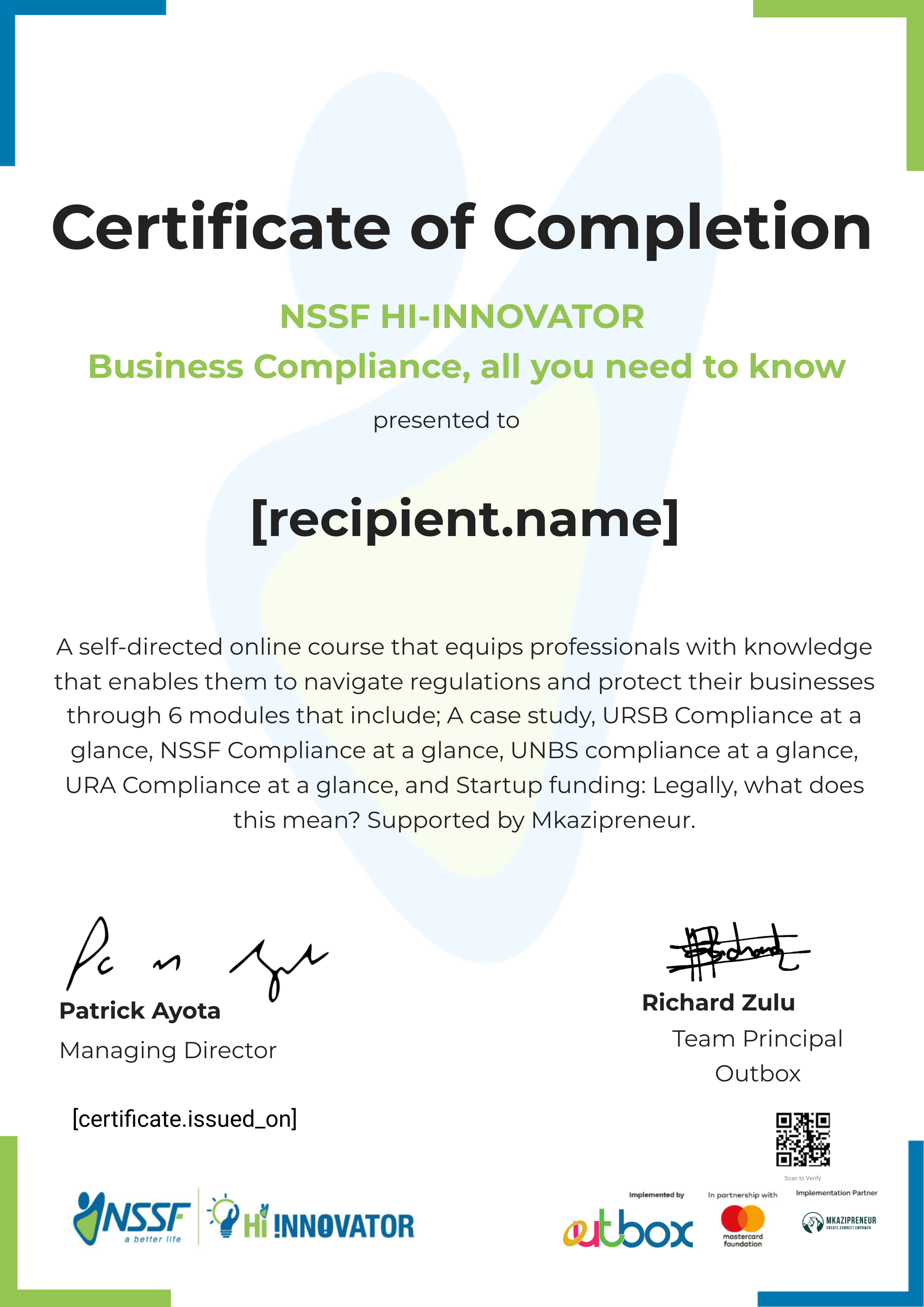 Mkazipreneur Business Compliance certificate
