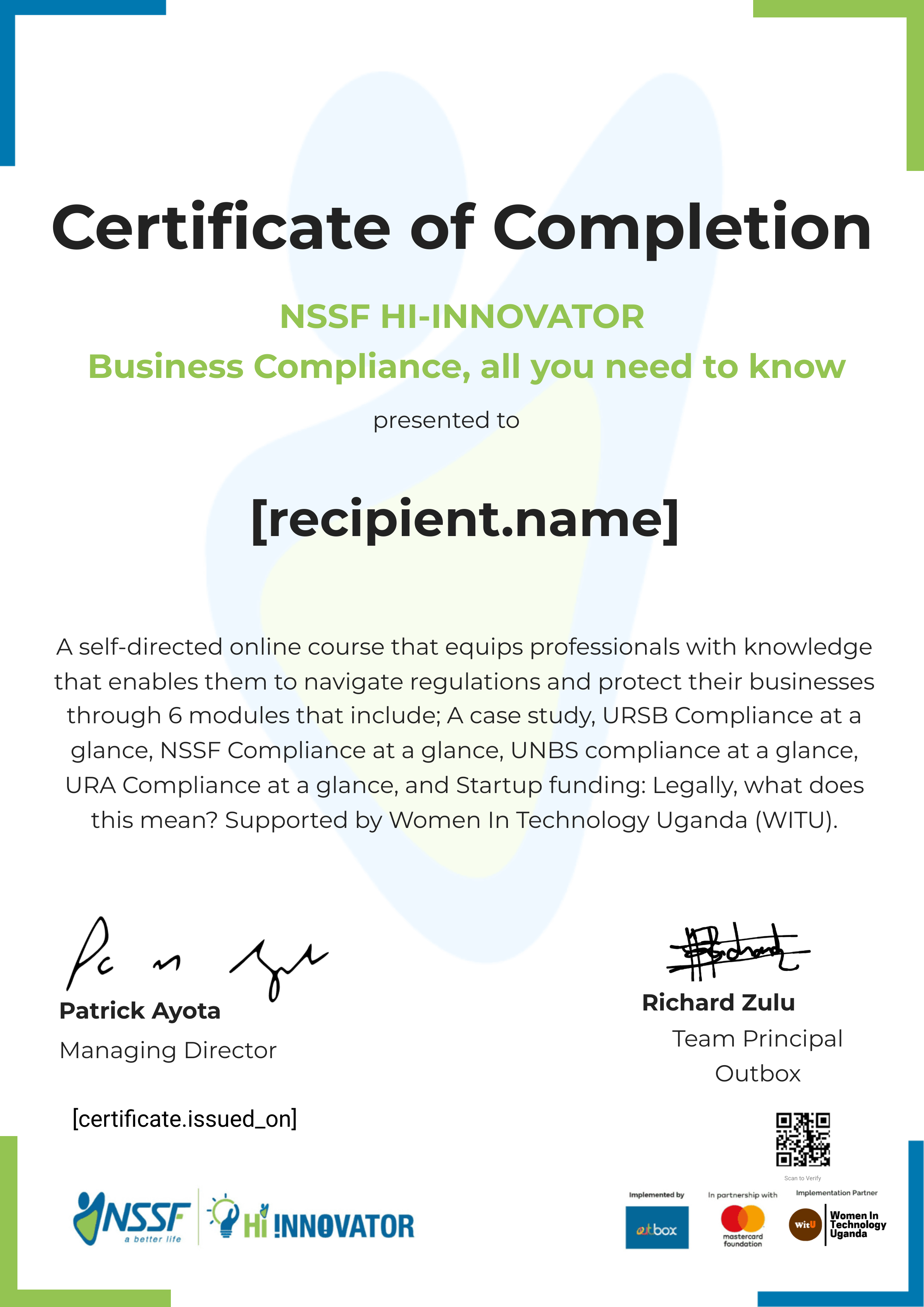 WITU Business Compliance certificate