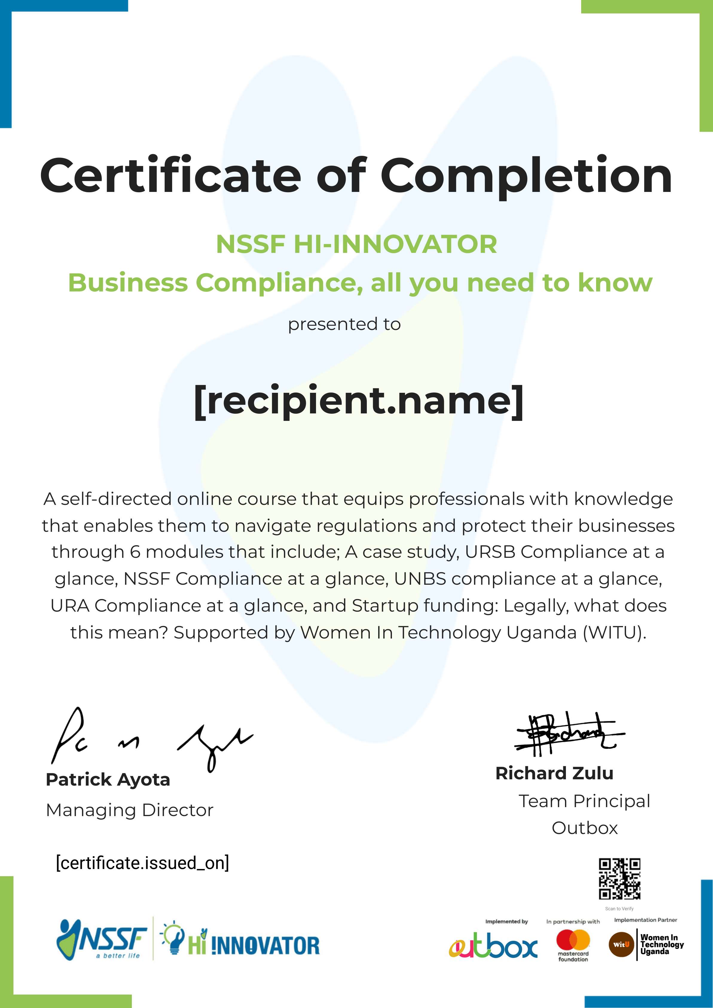 WITU Business Compliance certificate