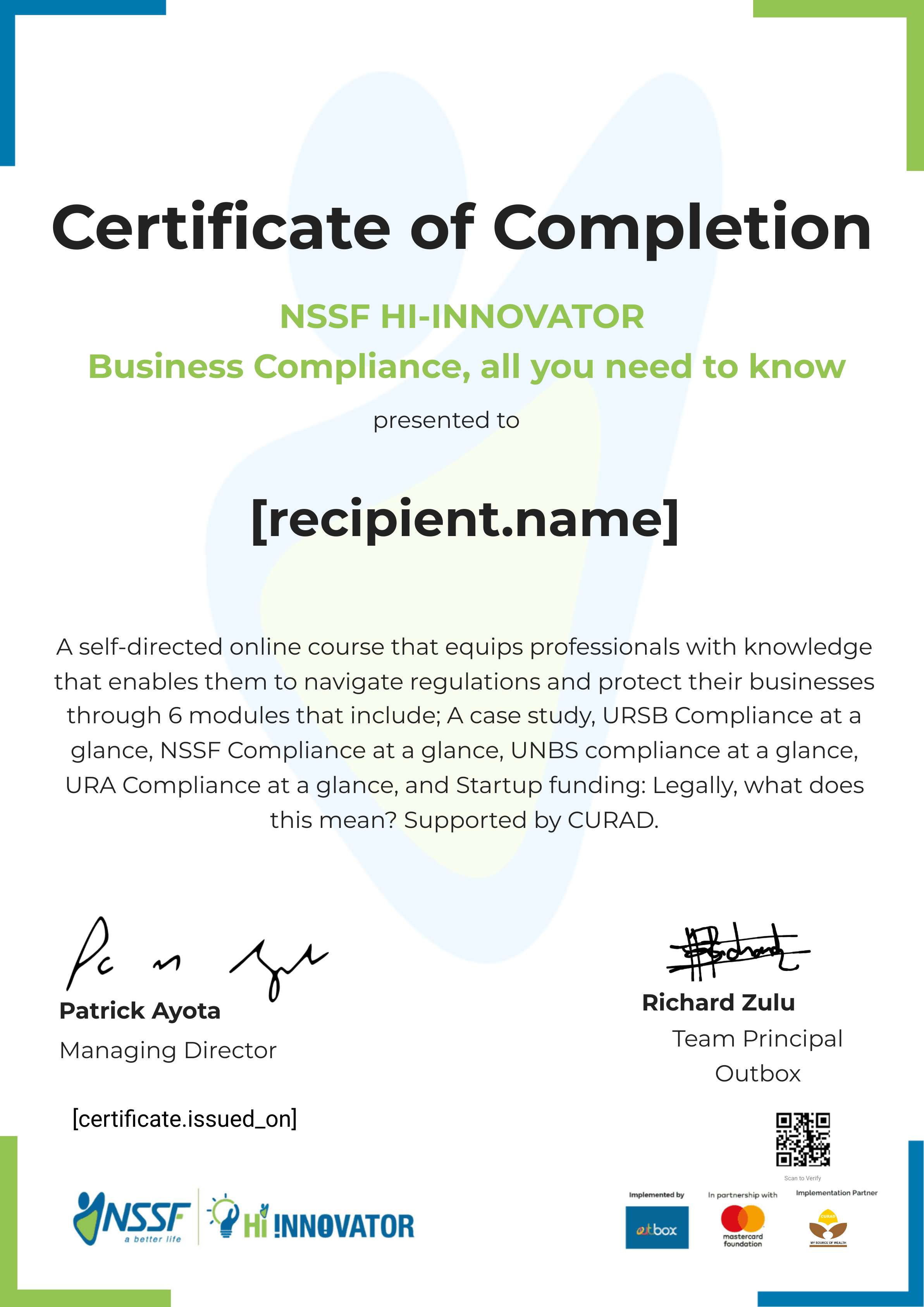 CURAD Business Compliance certificate
