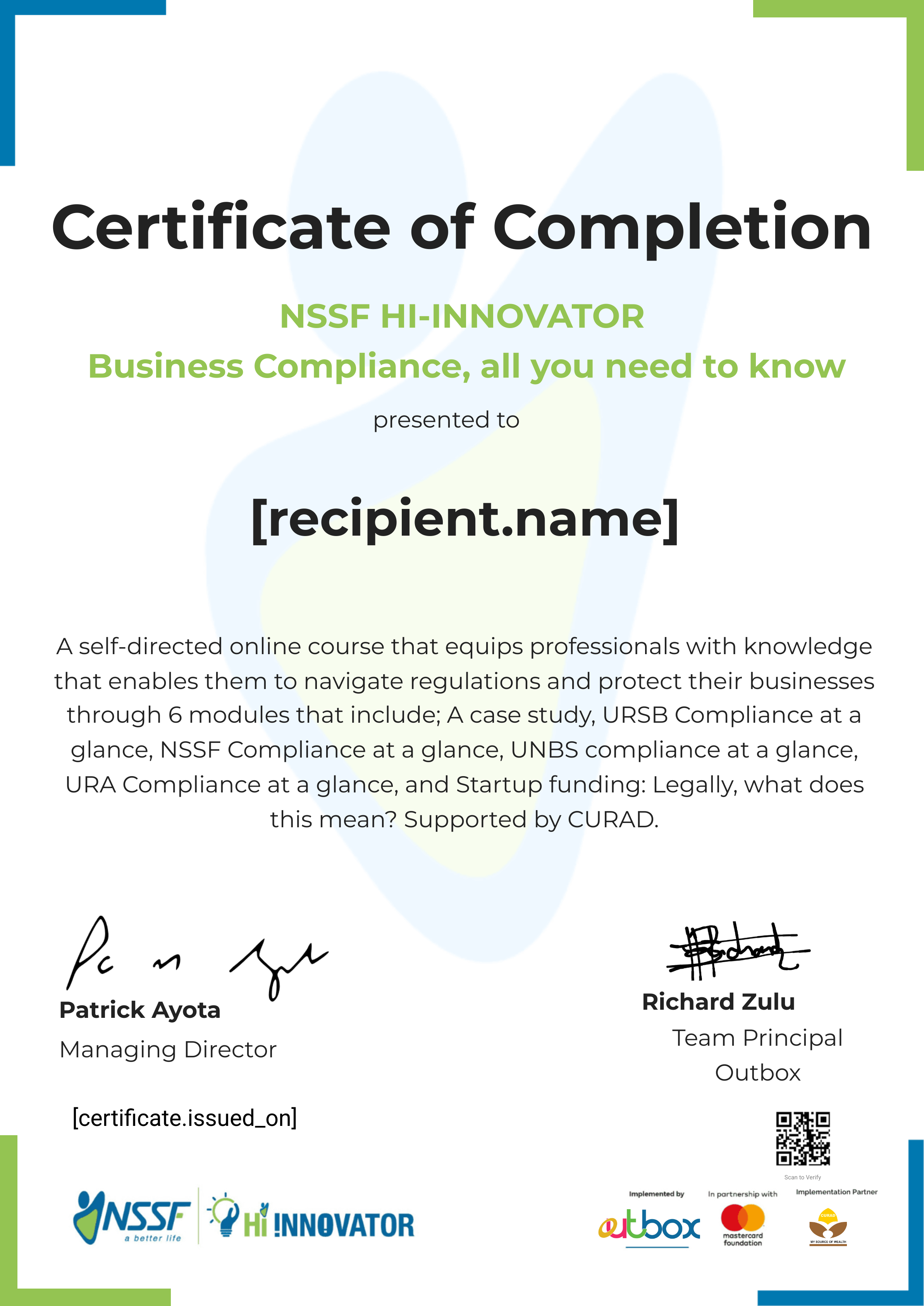 CURAD Business Compliance certificate