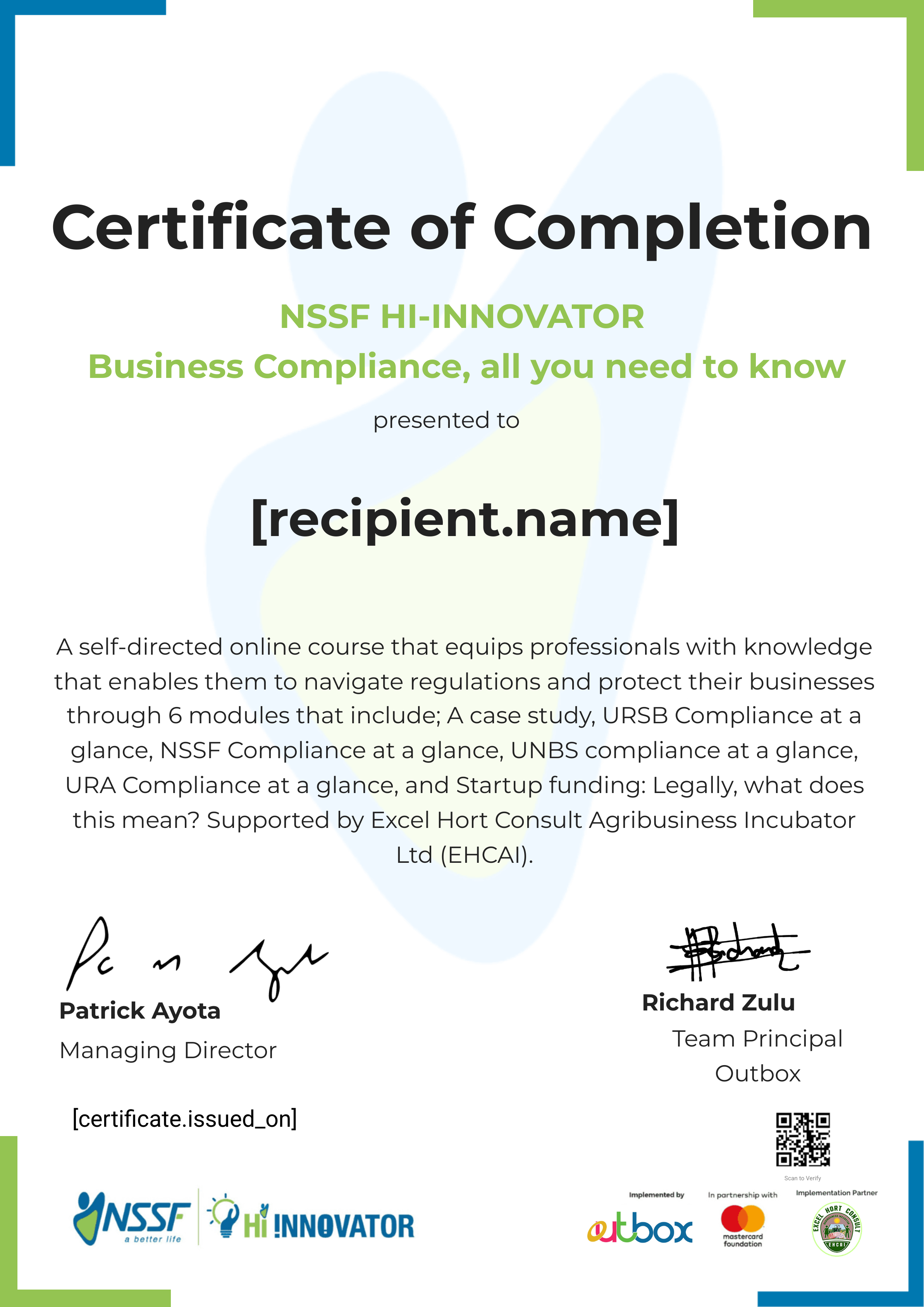 Excel Hort Business Compliance certificate