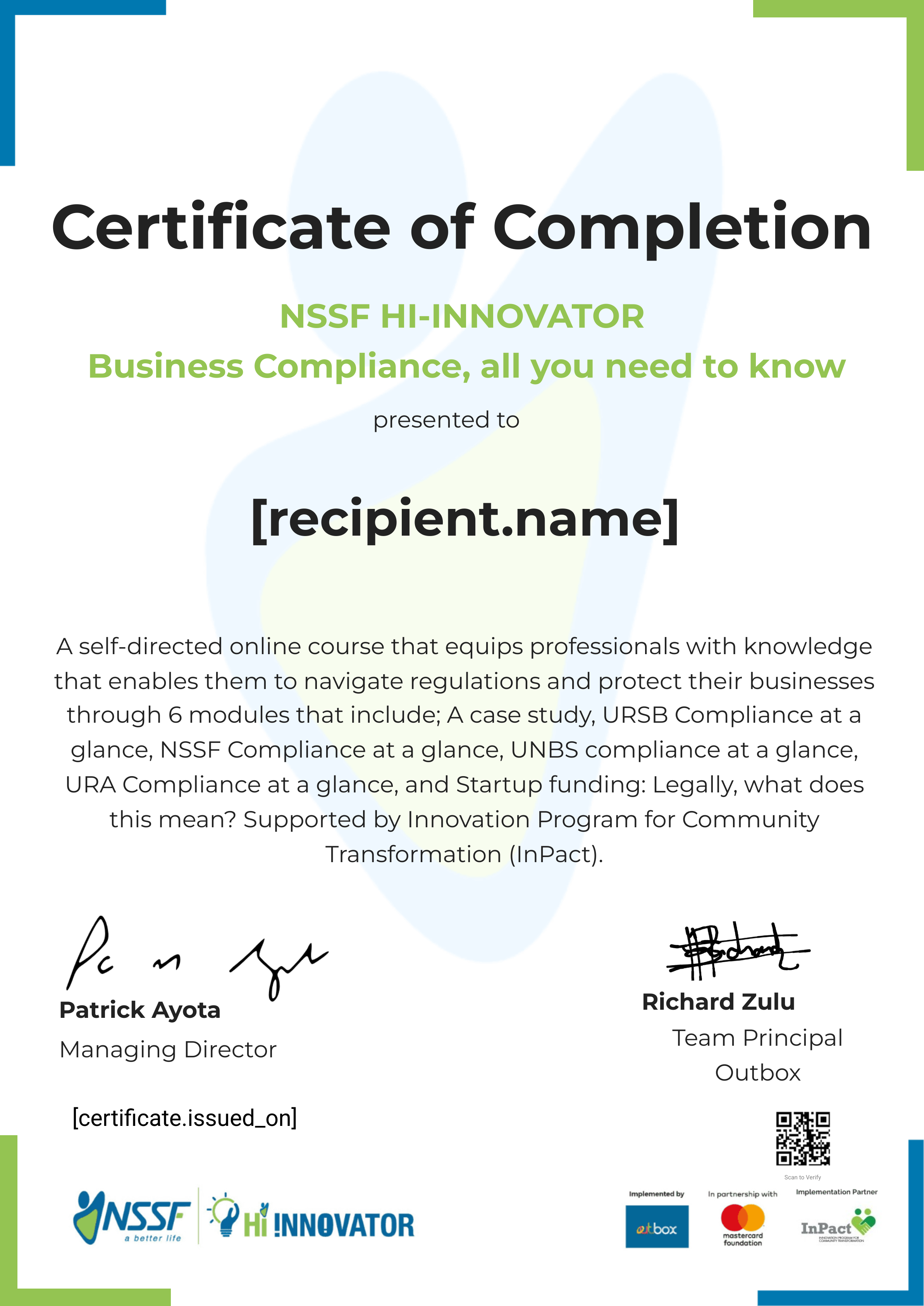 InPact Business Compliance certificate