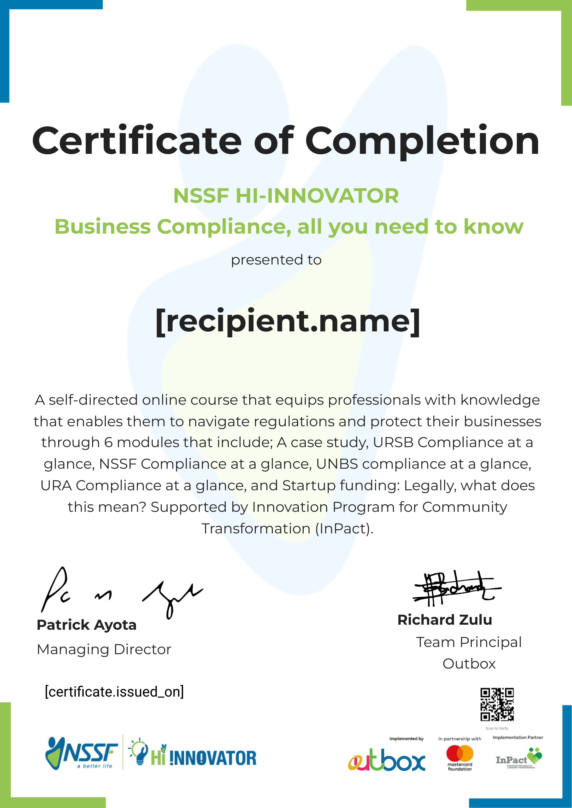 InPact Business Compliance certificate