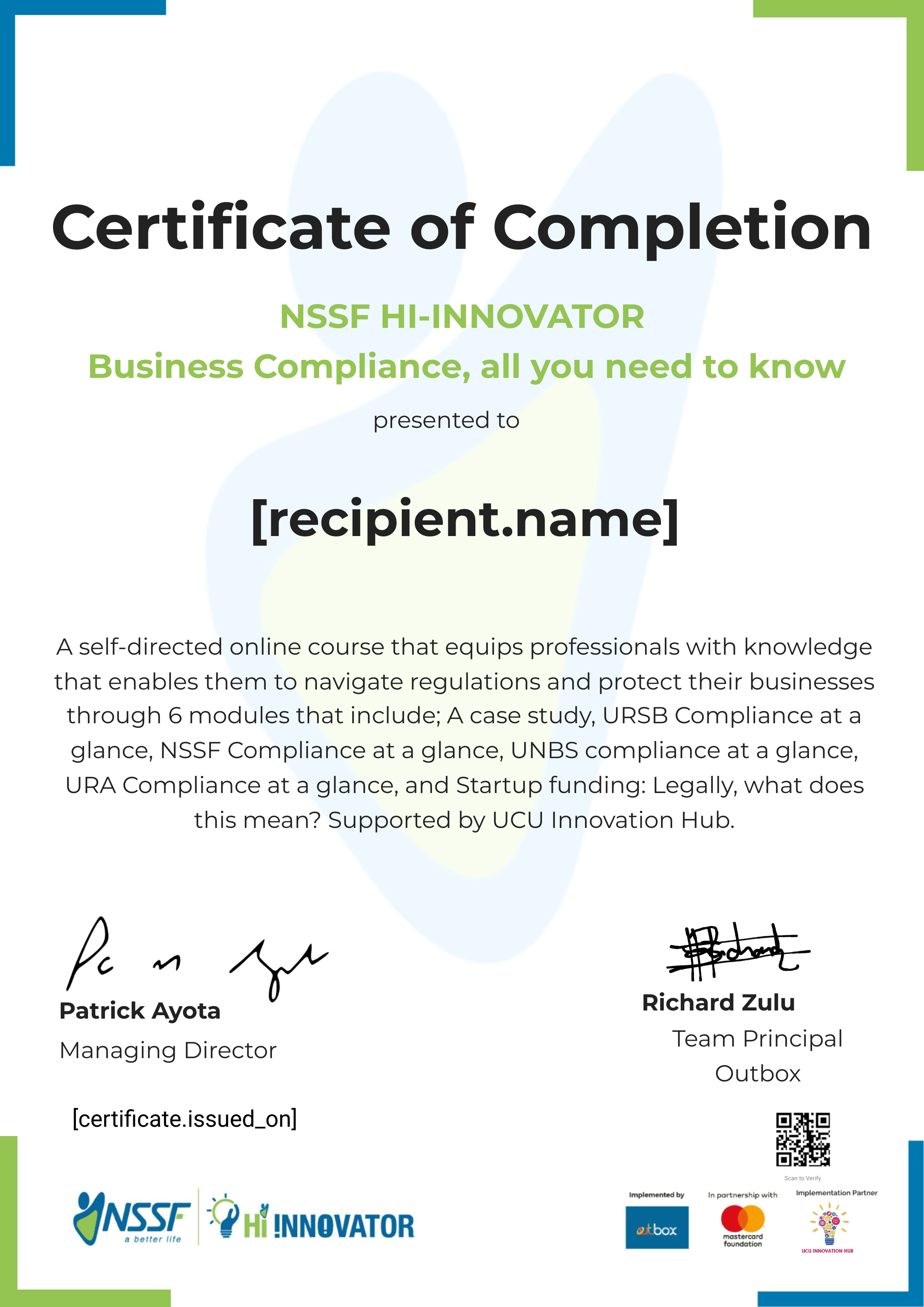 UCU Innovation Hub Business Compliance certificate