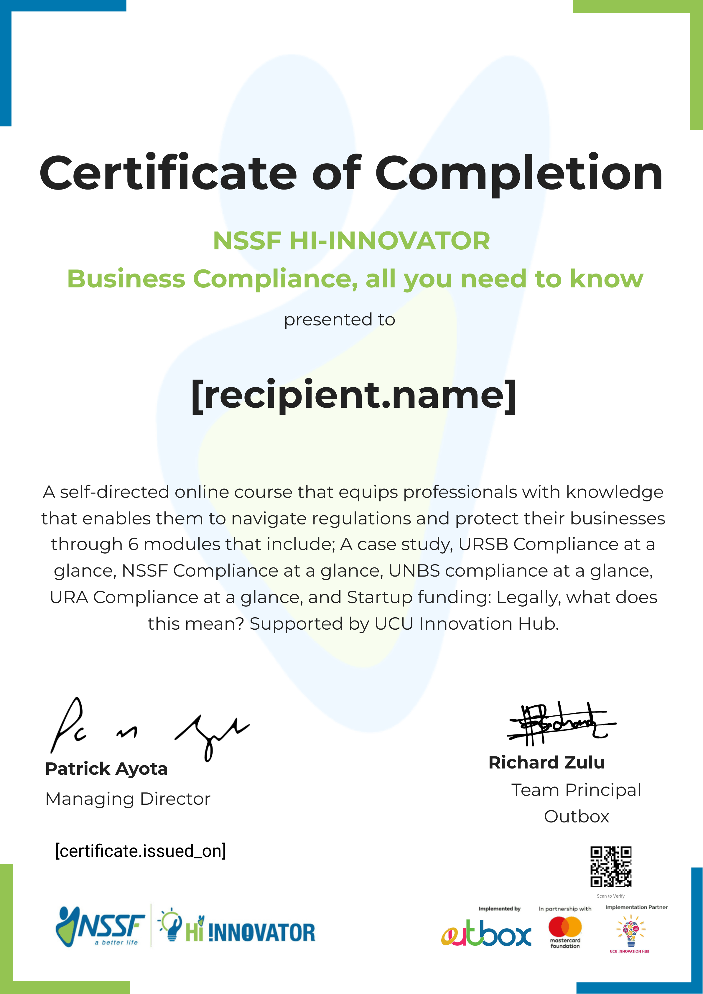 UCU Innovation Hub Business Compliance certificate