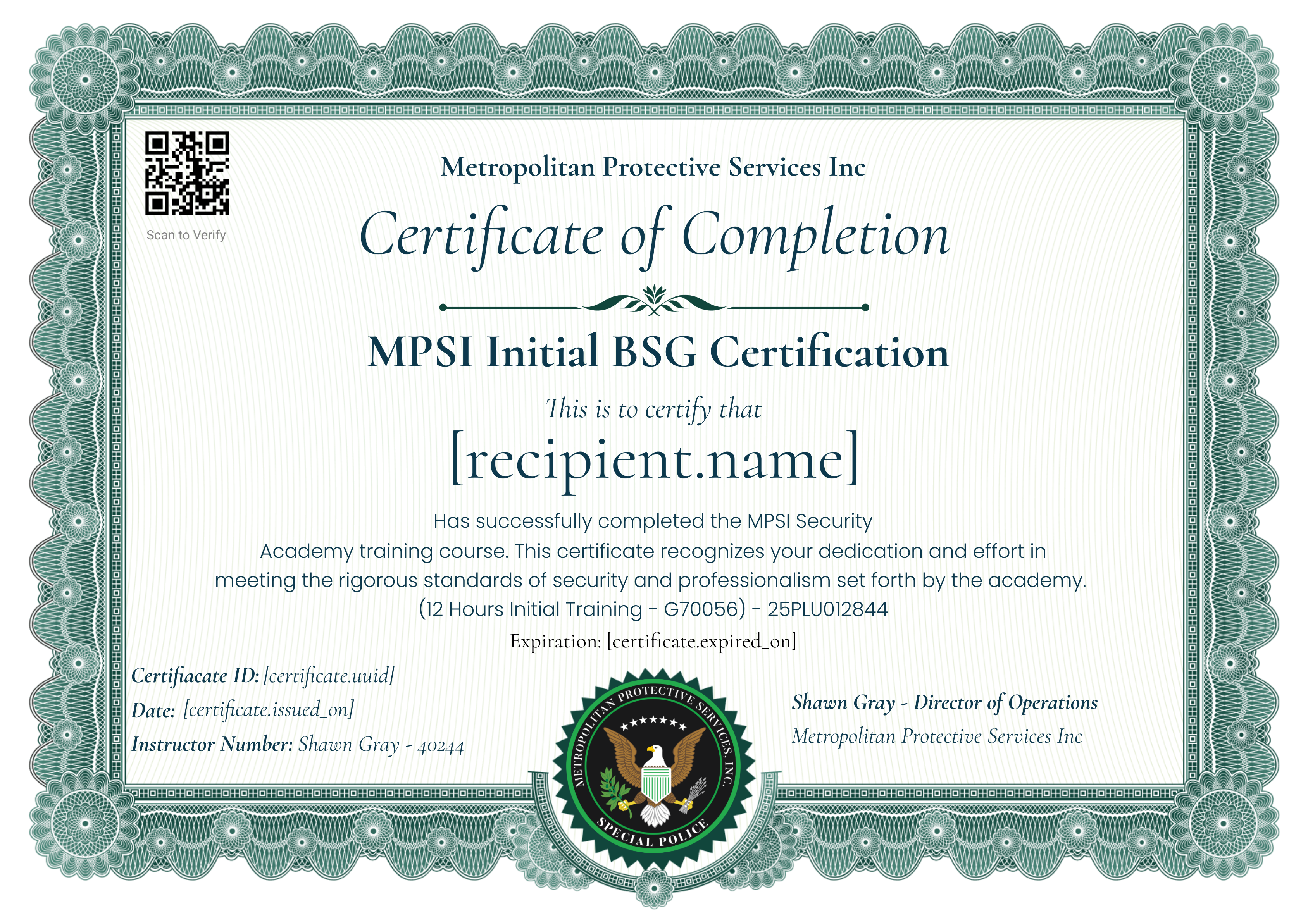 Metropolitan Protective Services Inc certificate