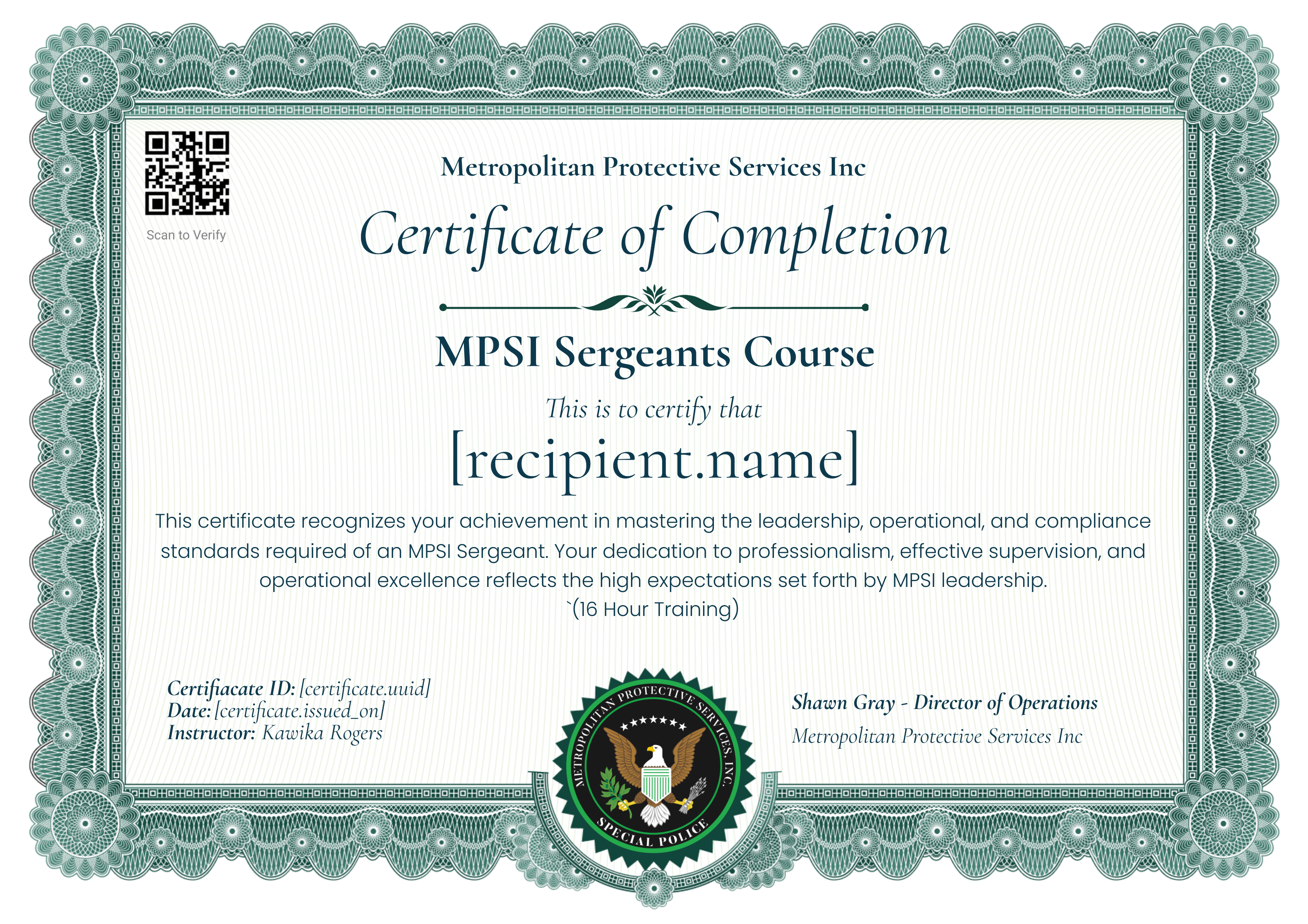 MPSI Sergeants Course certificate